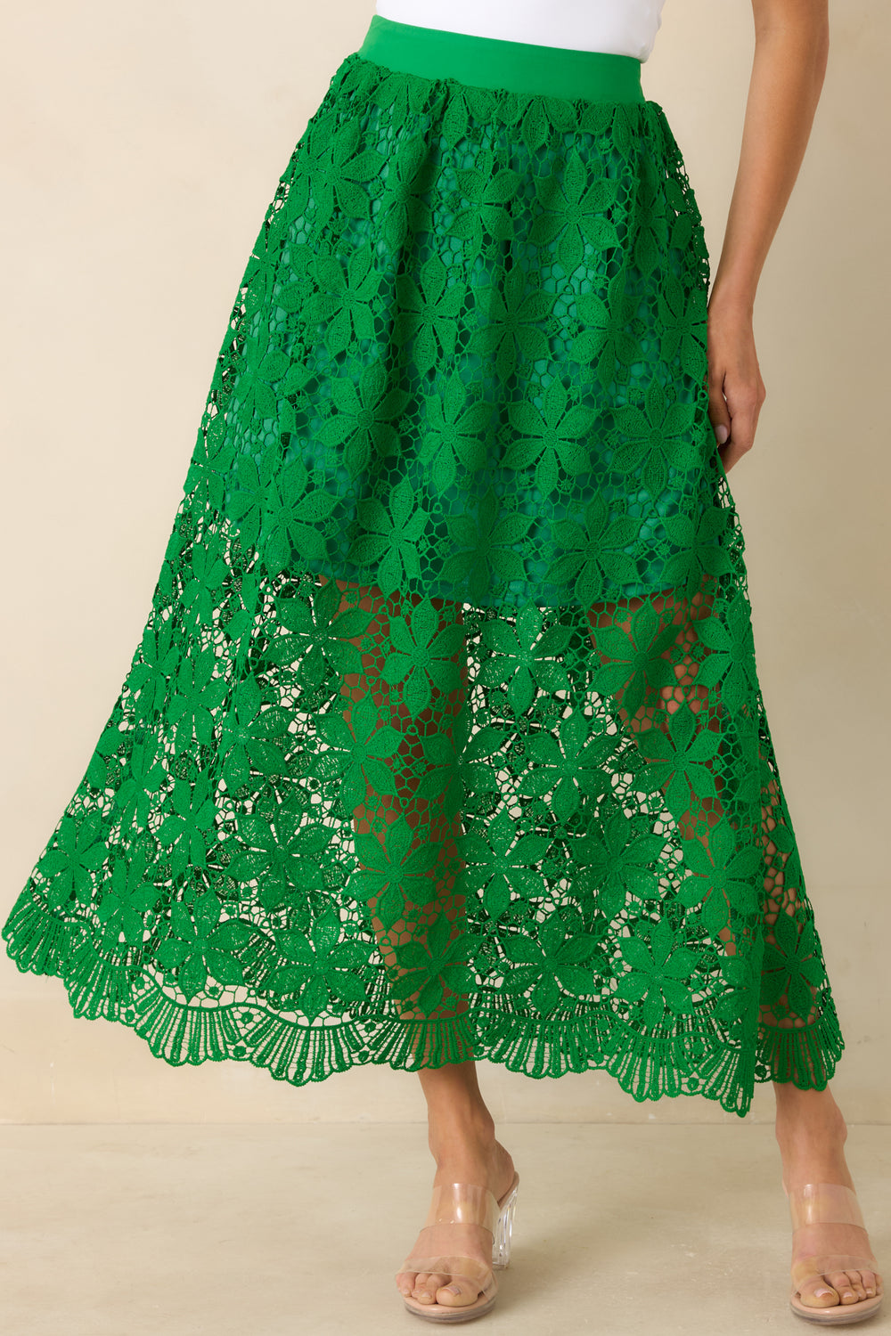 Green-Lace-Skirt-With-Elastic-Waistband-And-Textured-Crochet-Pattern