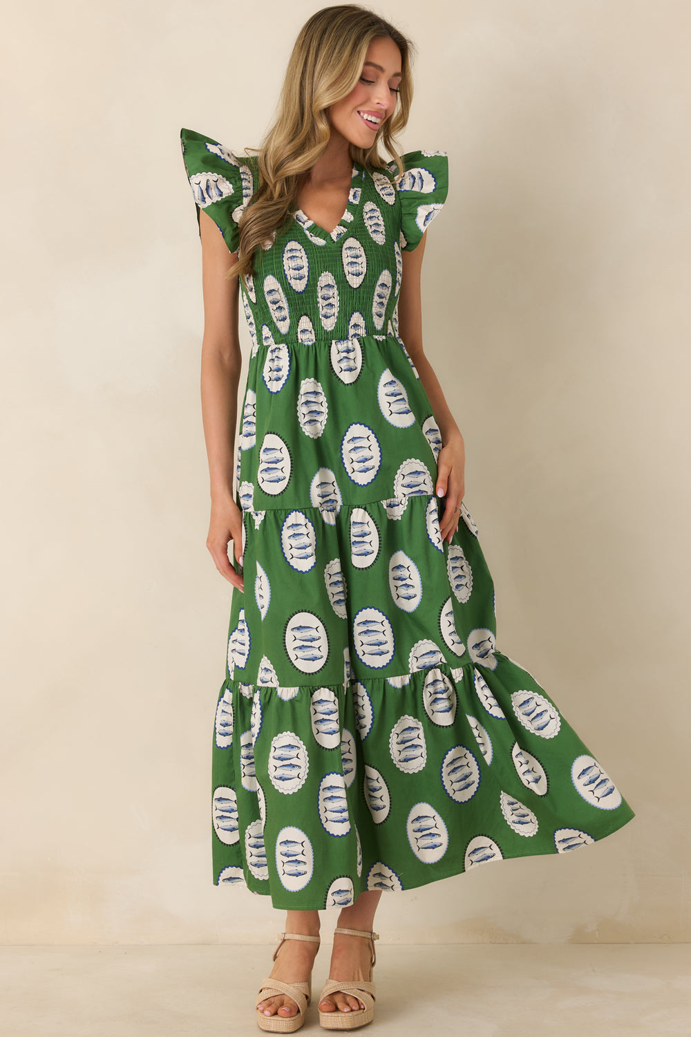 Green-Maxi-Dress-With-Fish-Medallion-Print-And-Smocked-Bodice