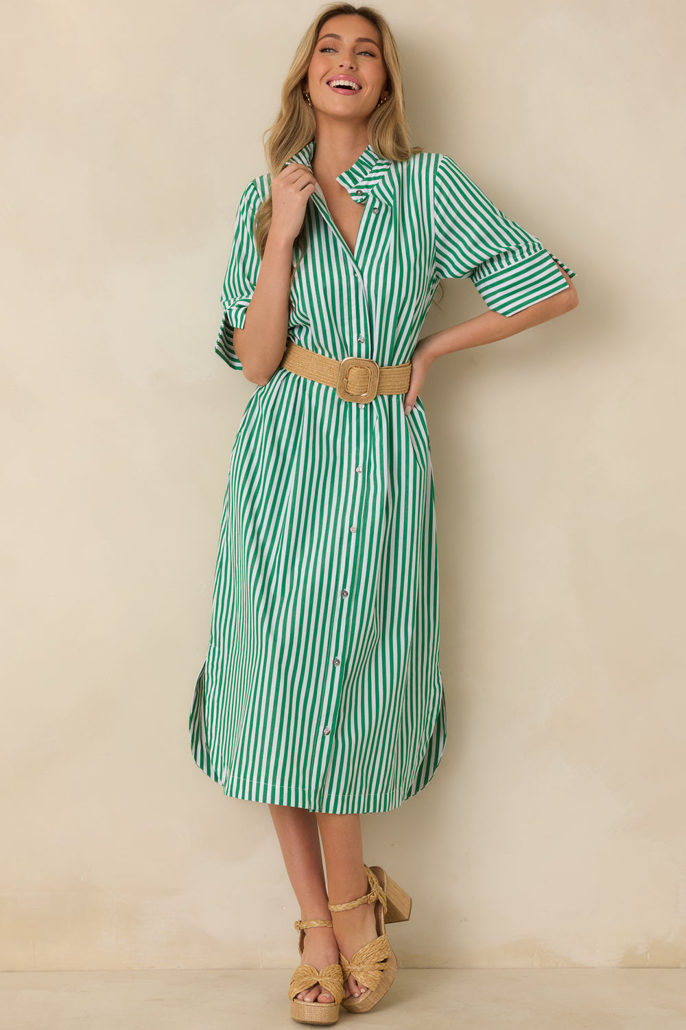 Green-Striped-Midi-Shirt-Dress-Button-Front-Ruffled-Collar