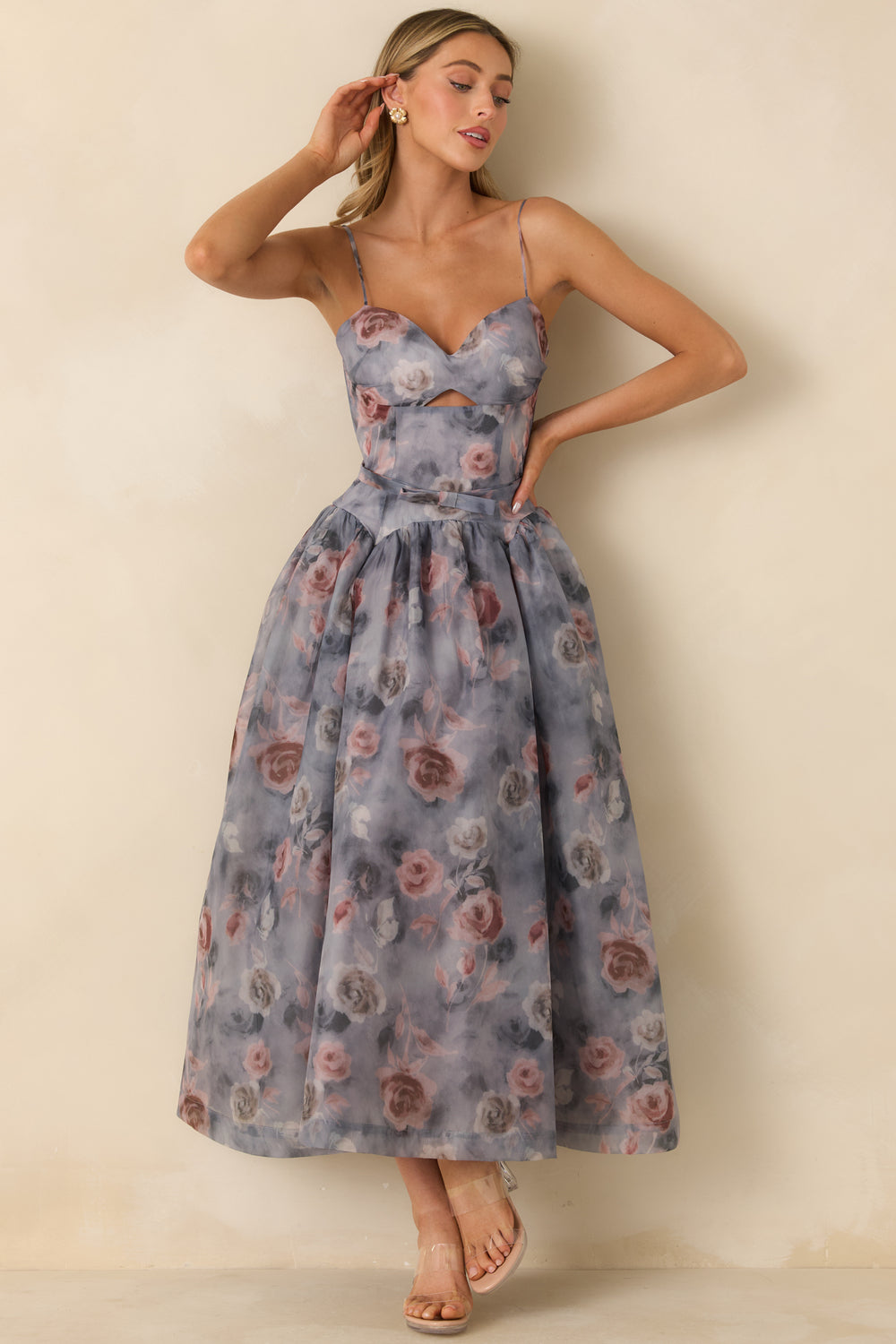 Grey-Strapless-Midi-Dress-With-A-Sweetheart-Neckline