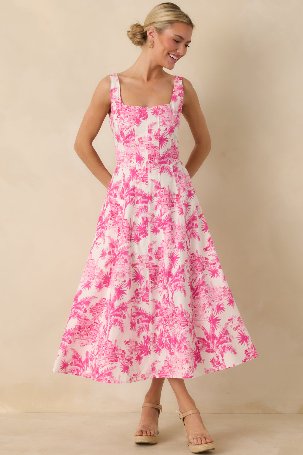 Hibiscus-Pink-Midi-Dress-With-Square-Neckline-And-Fitted-Bodice