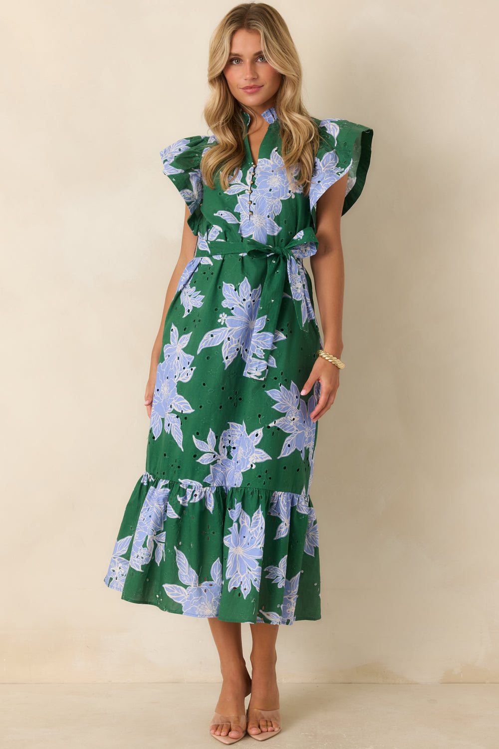 Hunter-Green-Floral-Cotton-Midi-Dress-Ruffle-Neck