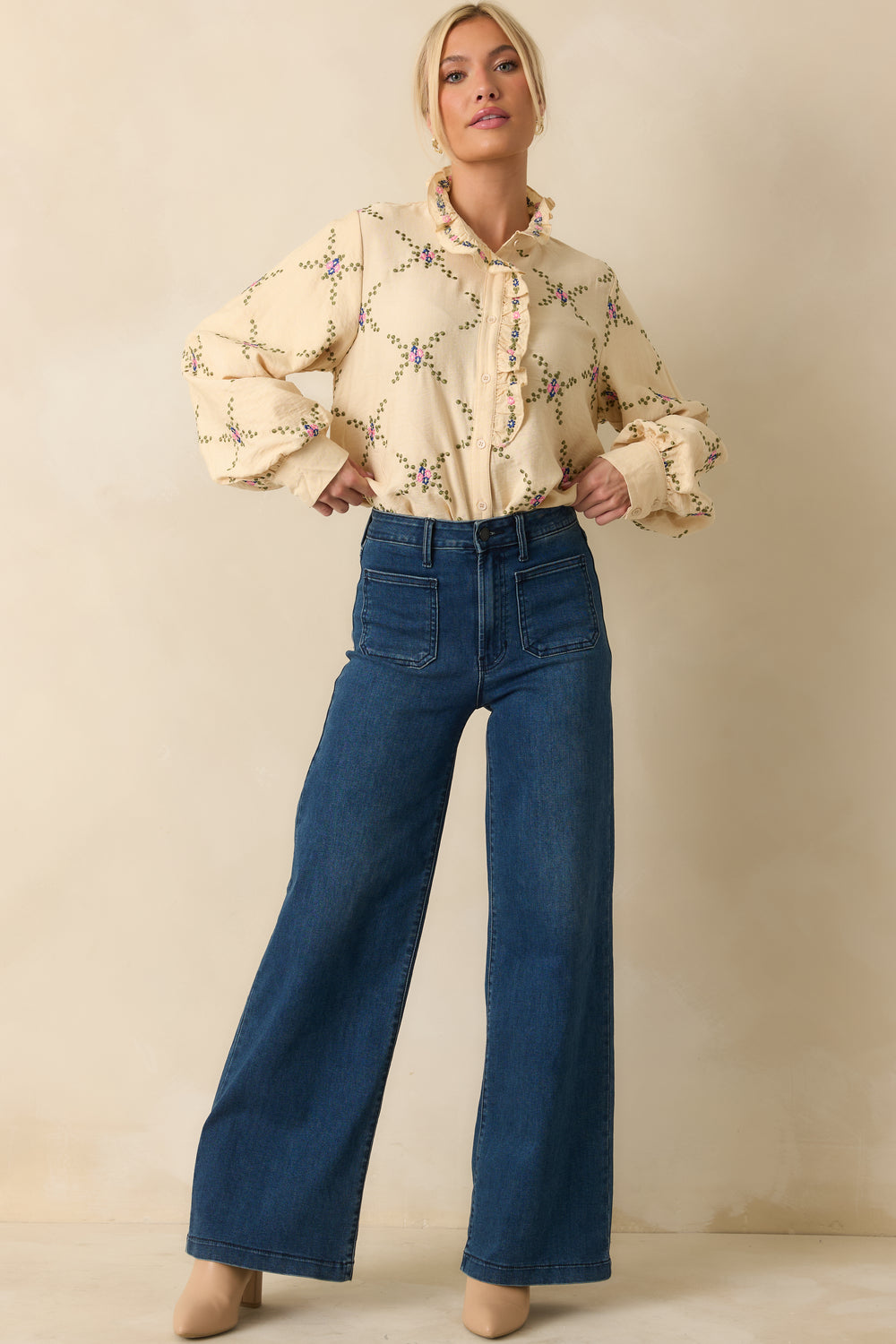 Ivory-Floral-Embroidered-Blouse-Ruffled-Neckline-Balloon-Sleeves