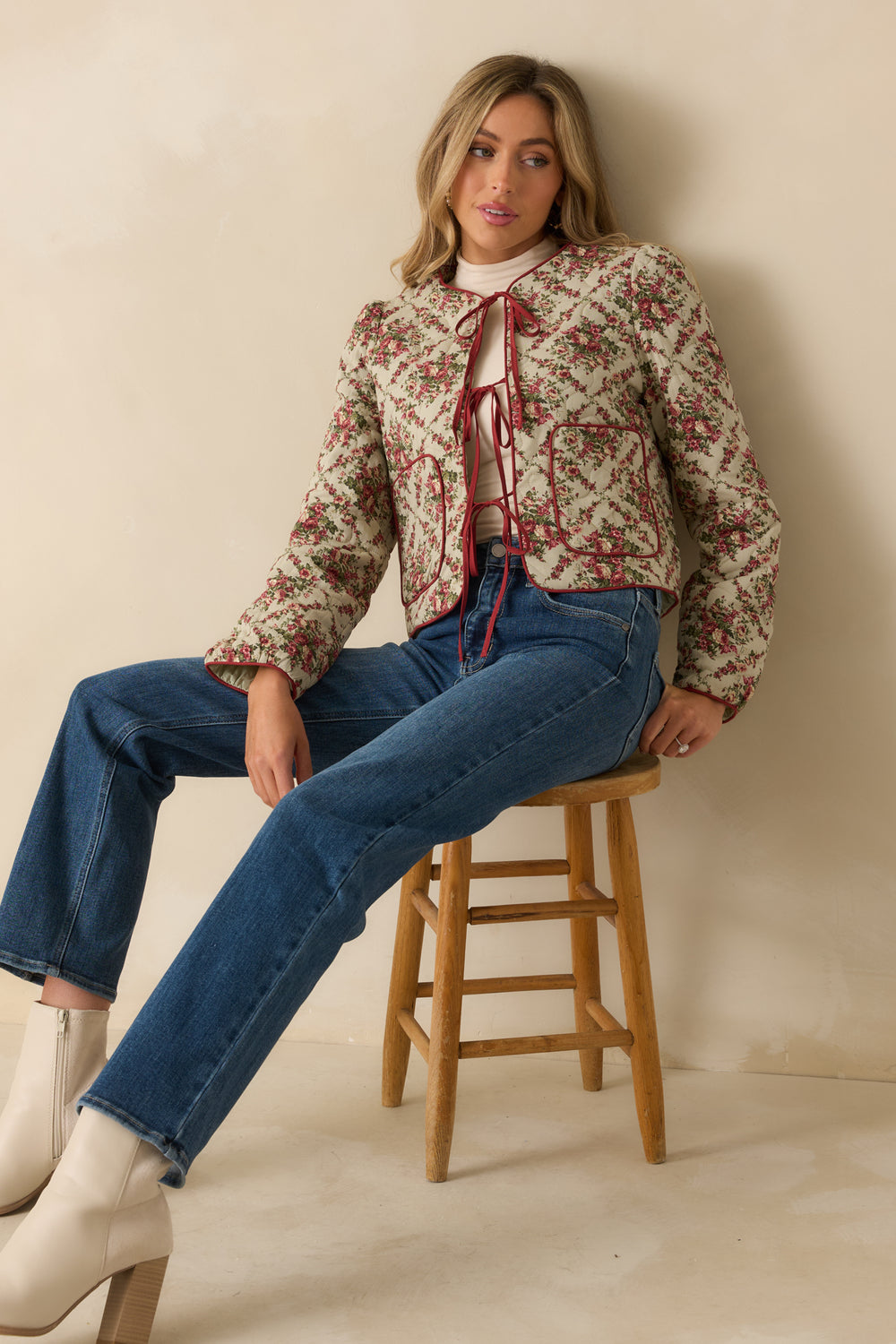 Ivory-Floral-Jacket-Red-Edging-Tie-Front-Patch-Pockets