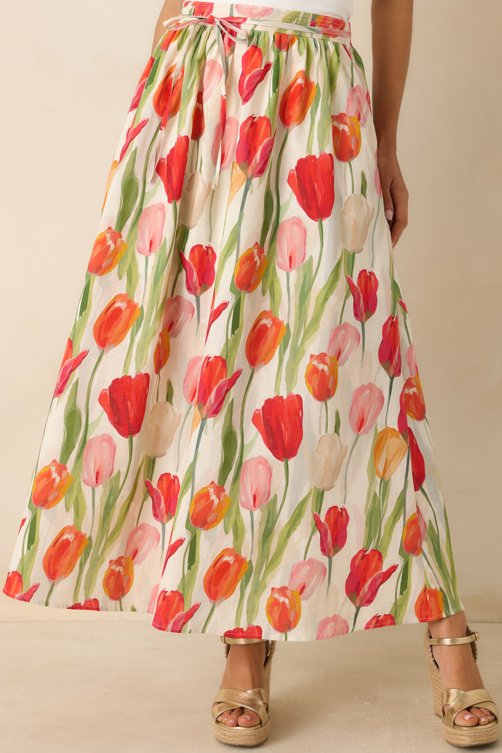 Ivory-Floral-Midi-Skirt-Showcasing-The-Red-Multi-Colored-Print