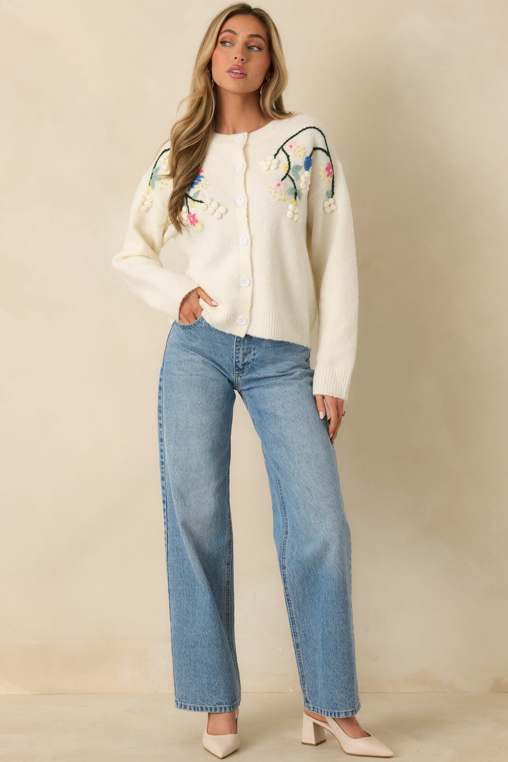 Ivory-Knit-Cardigan-Relaxed-Fit-Round-Neck-Long-Sleeves-Ribbed-Trim