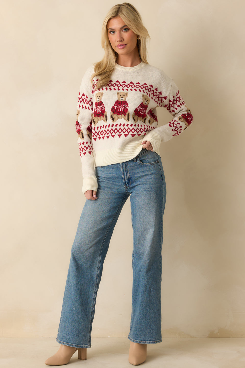 Ivory-Knit-Sweater-Crew-Neckline-Teddy-Bear-Fair-Isle-Pattern