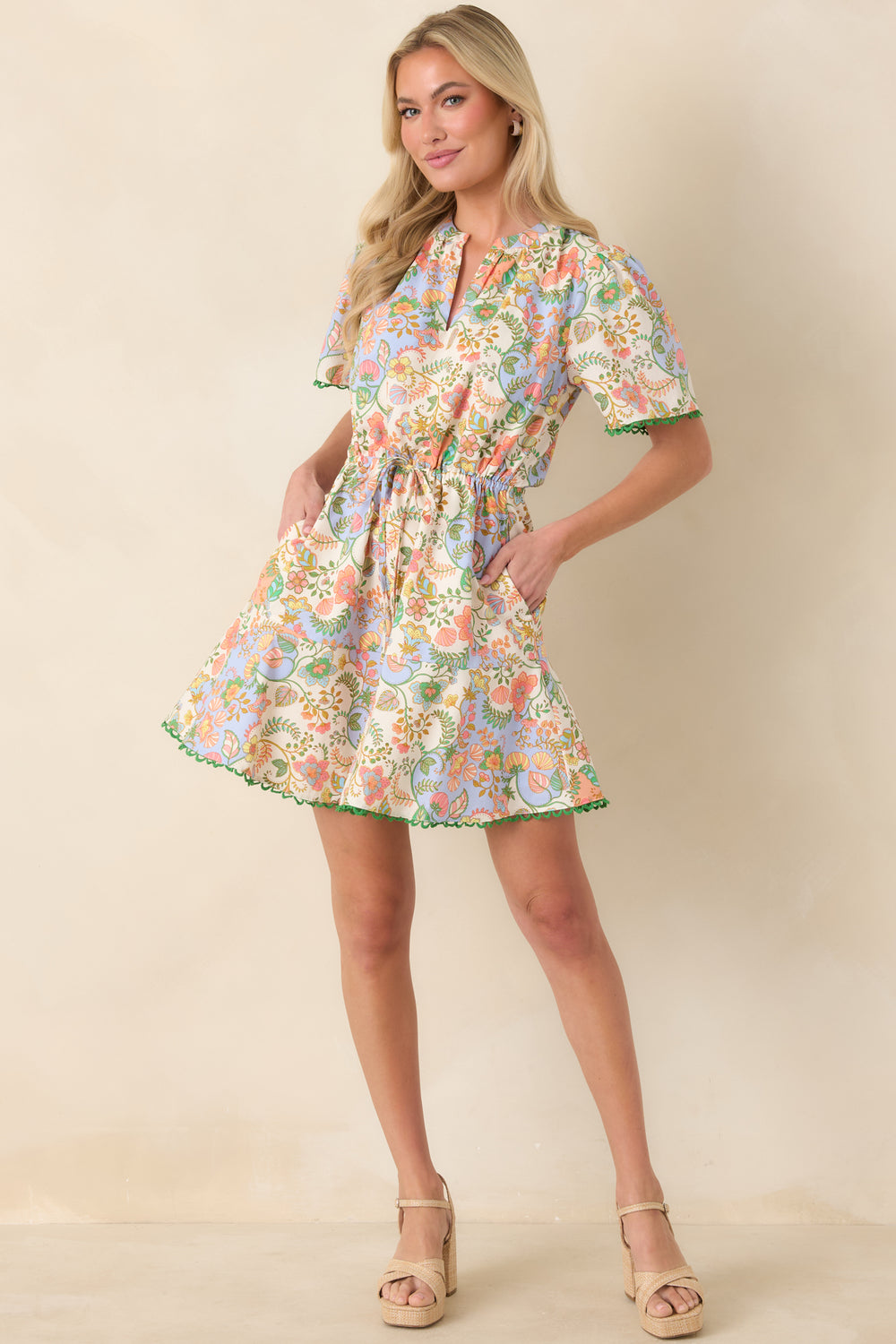 Ivory-Mini-Dress-Floral-Paisley-Split-Neck-Tiered-Skirt