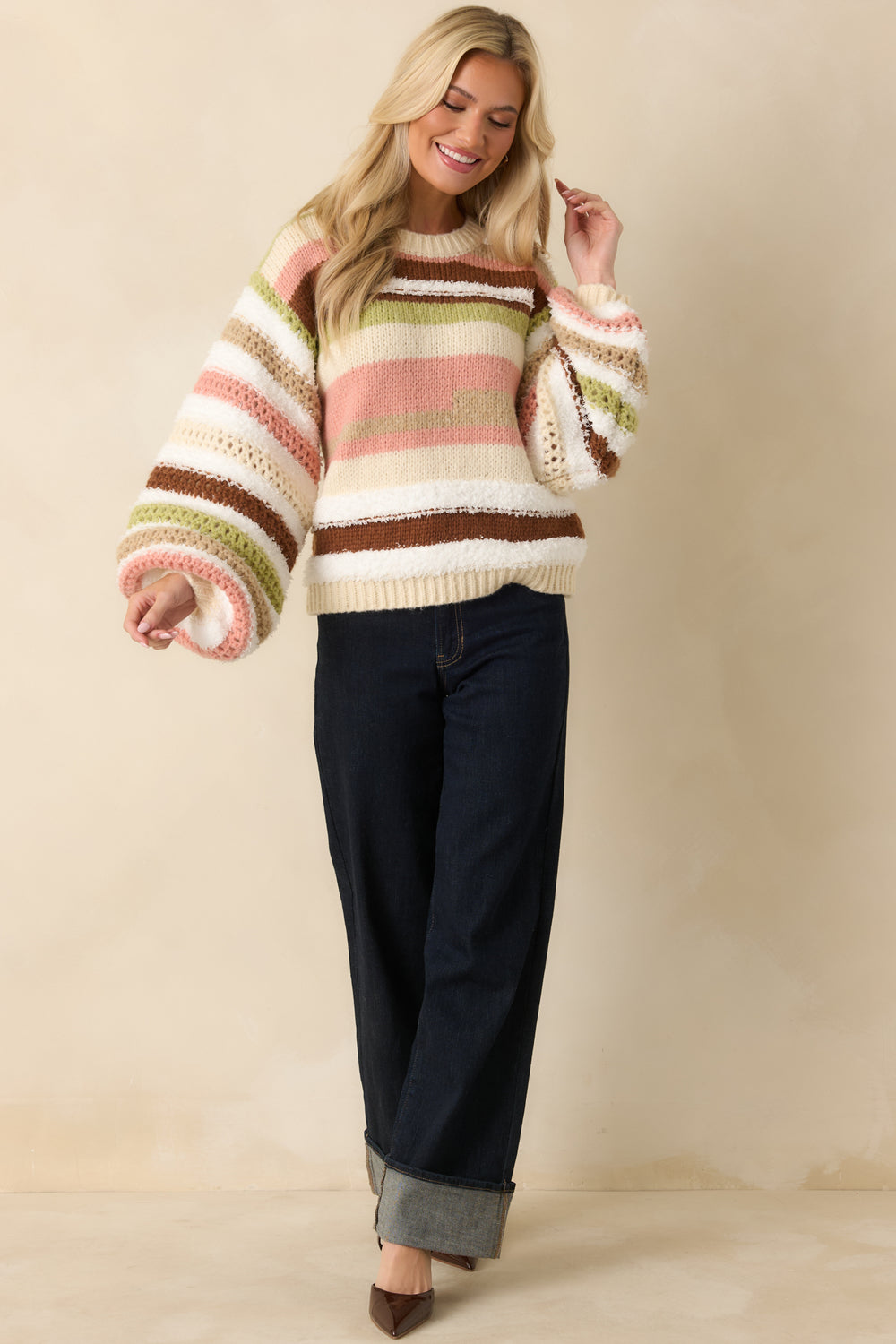 Ivory-Oversized-Striped-Sweater-With-Multicolor-Horizontal-Stripes