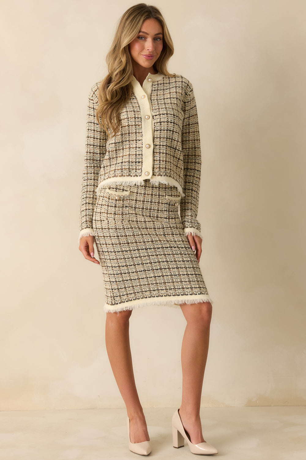 Ivory-Plaid-Knit-Skirt-Straight-Cut-Fringe-Hem