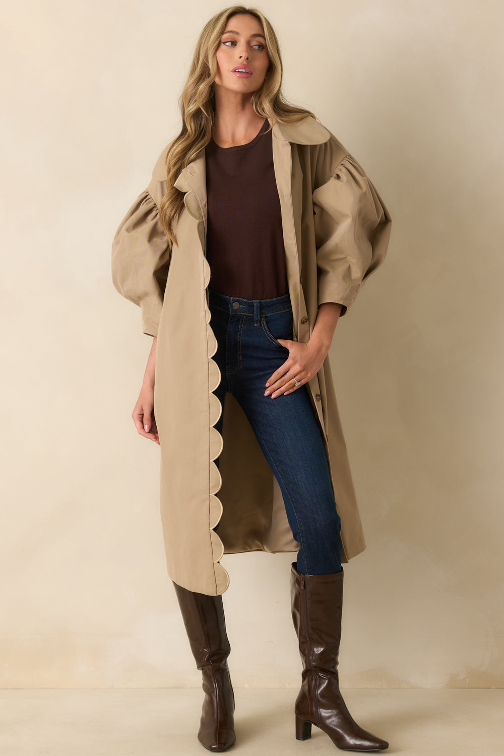Khaki-Coat-Puff-Sleeves-Gathered-Shoulders-Button-Front