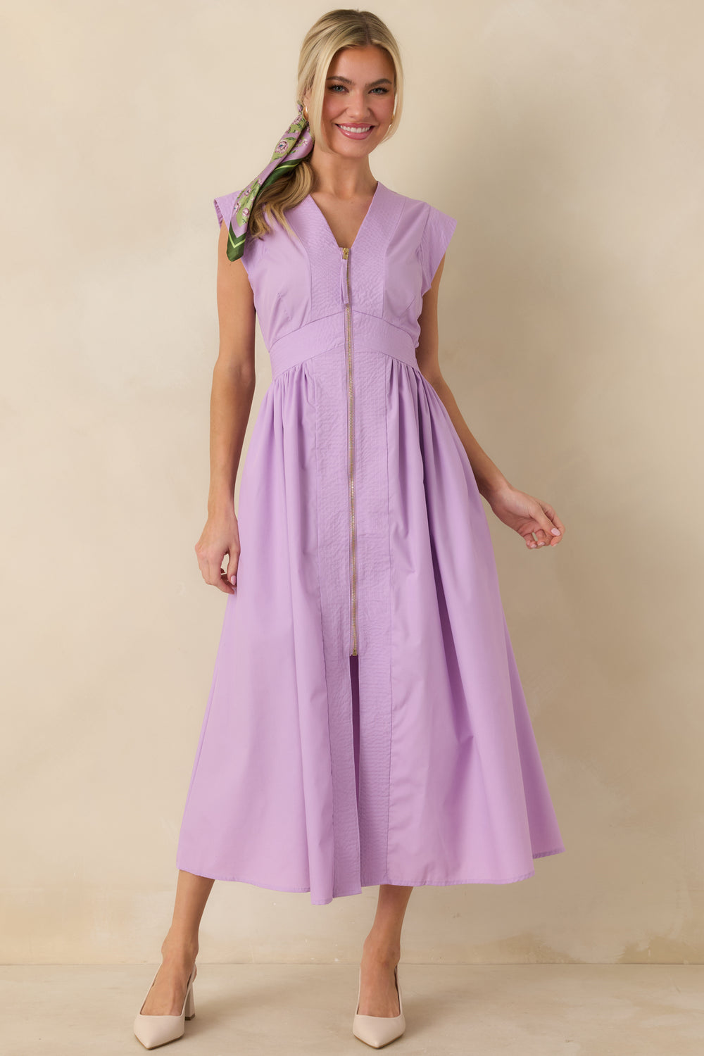 Lavender-Sleeveless-Midi-Dress-Featuring-A-Functional-Gold-Front-Zipper