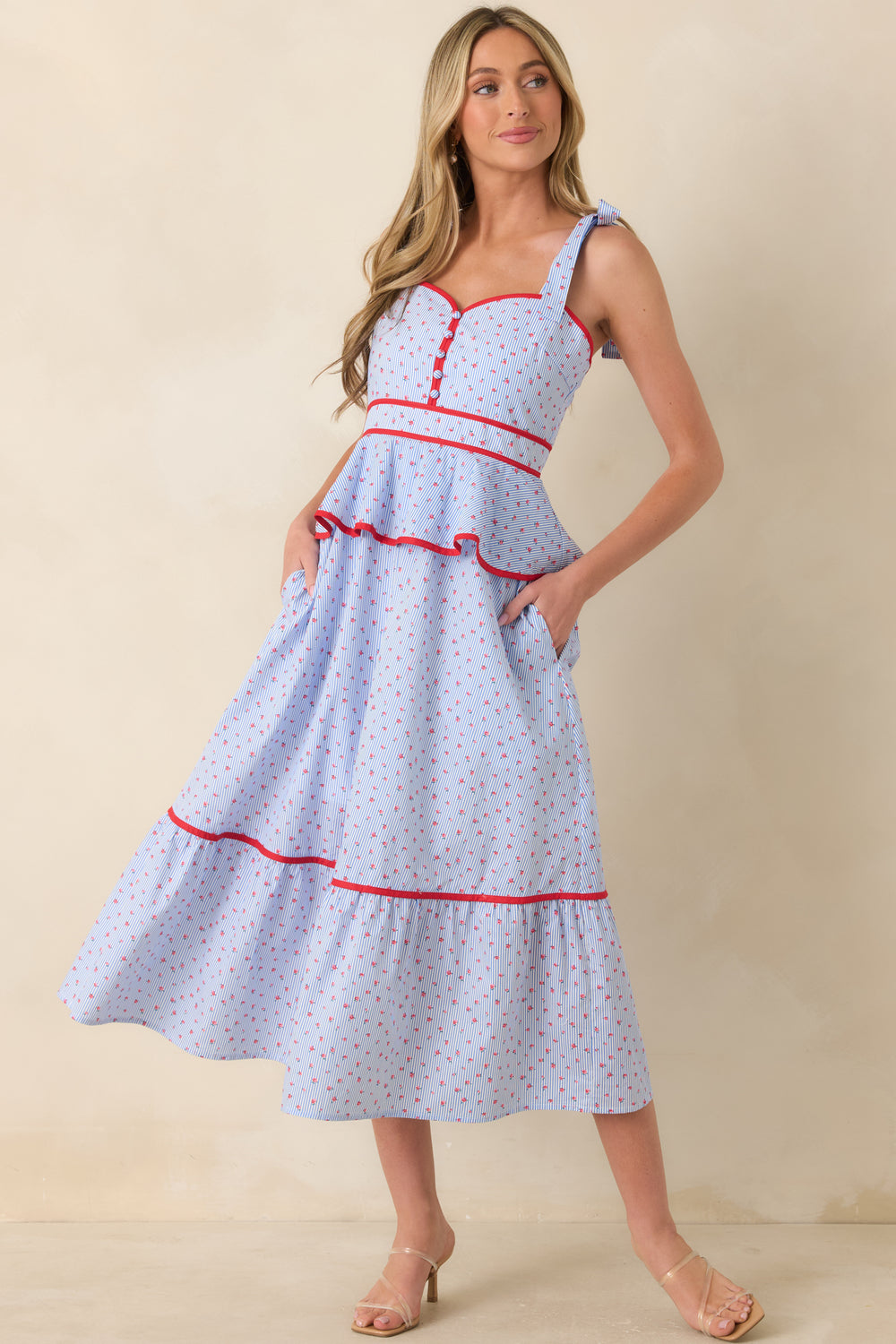 Light-Blue-And-Red-Midi-Dress-With-Sweetheart-Neckline