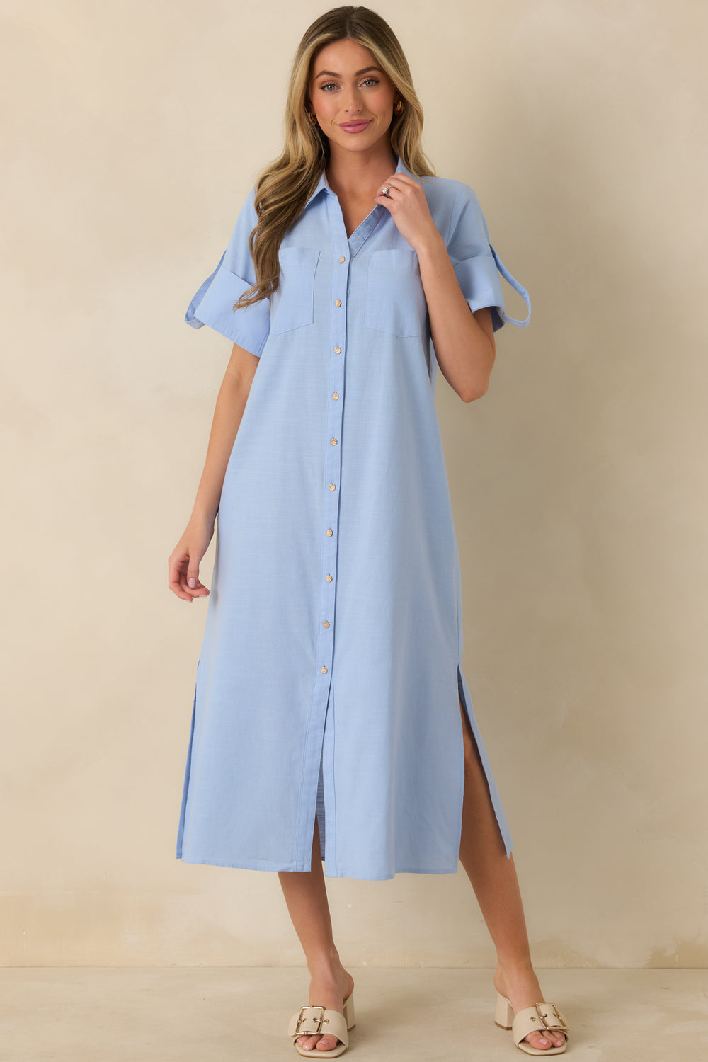 Light-Blue-Midi-Shirt-Dress-With-Collared-Neckline