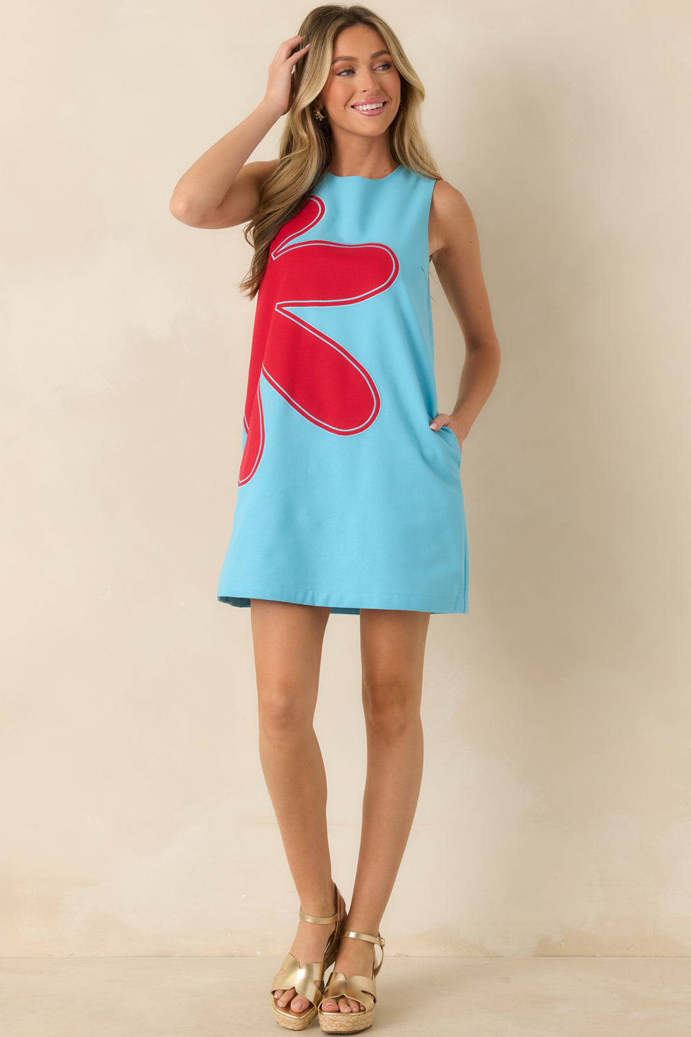 Light-Blue-Red-Applique-Shift-Dress