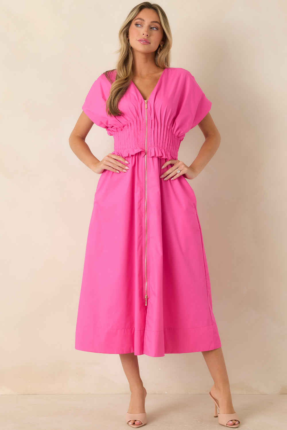 Maxi-Dress-Front-Zip-Ruffled-Waistband-A-Line-Shape