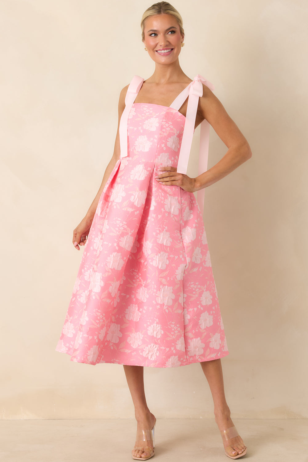 Midi-Dress-With-Square-Neckline-And-Bow-Tie-Shoulder-Straps