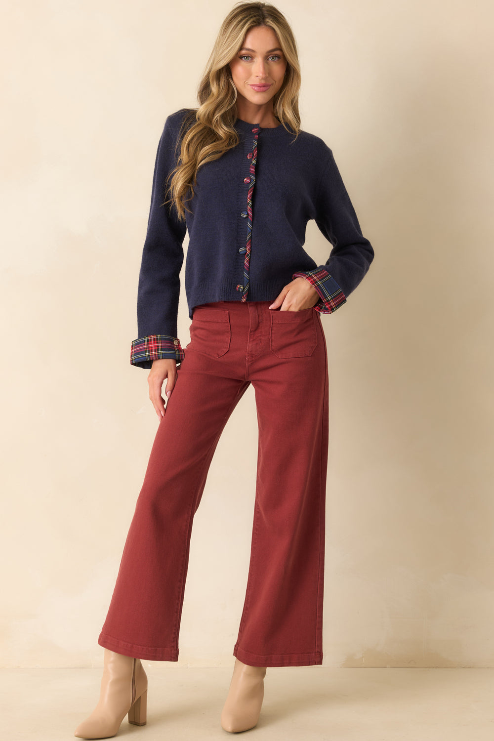 Navy-Cardigan-Button-Front-Crew-Neckline-Tartan-Trim