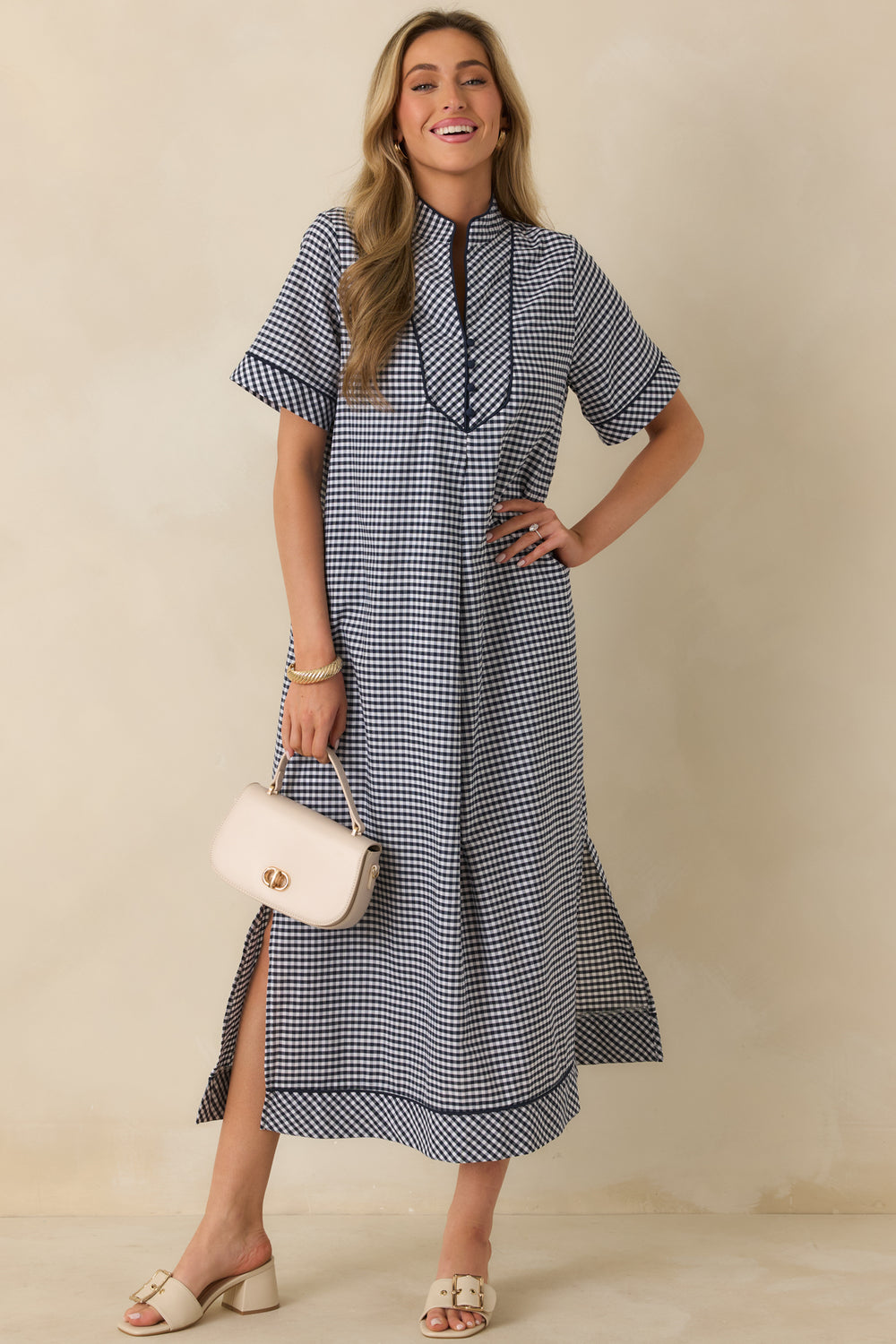 Navy-Gingham-Maxi-Dress-With-A-Soft-V-Neckline