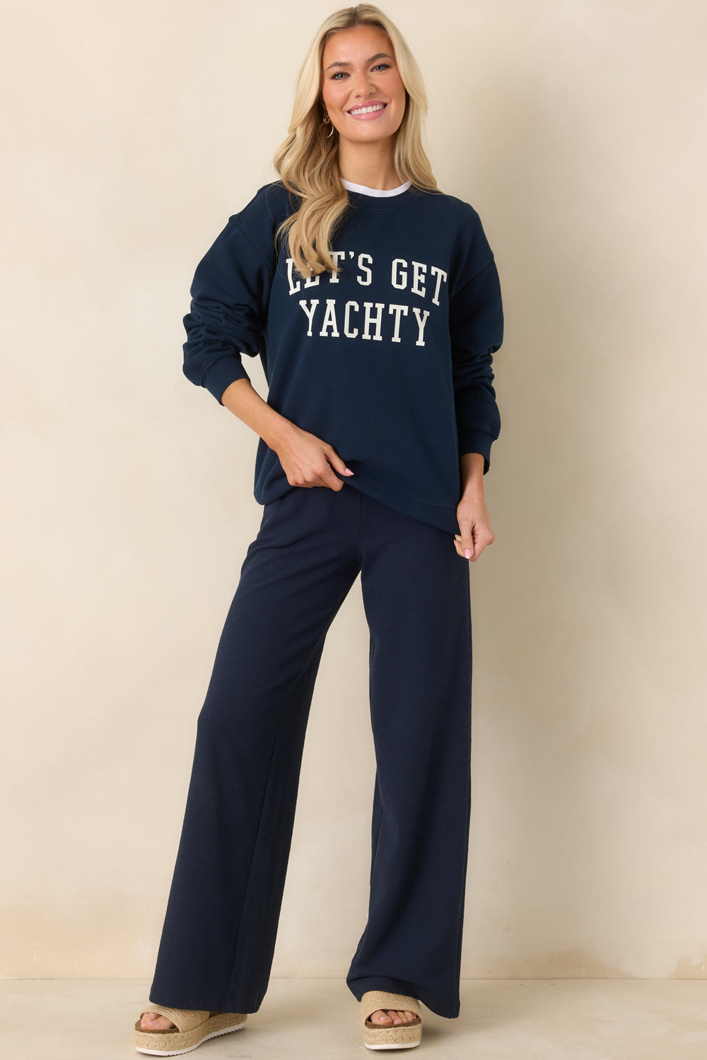 Navy-Sweatshirt-Front-View-Crew-Neckline-Lets-Get-Yachty-Graphic