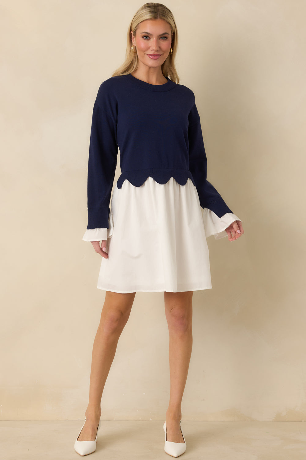 Navy-White-Mini-Dress-Knit-Bodice-Round-Neckline