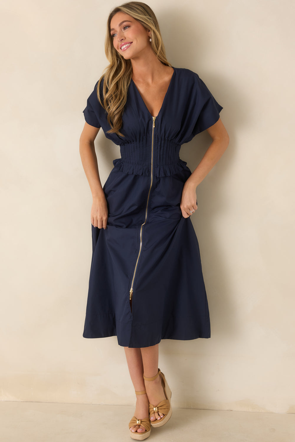 Navy-Woven-Maxi-Dress-V-Neckline-Front-Zip-A-Line