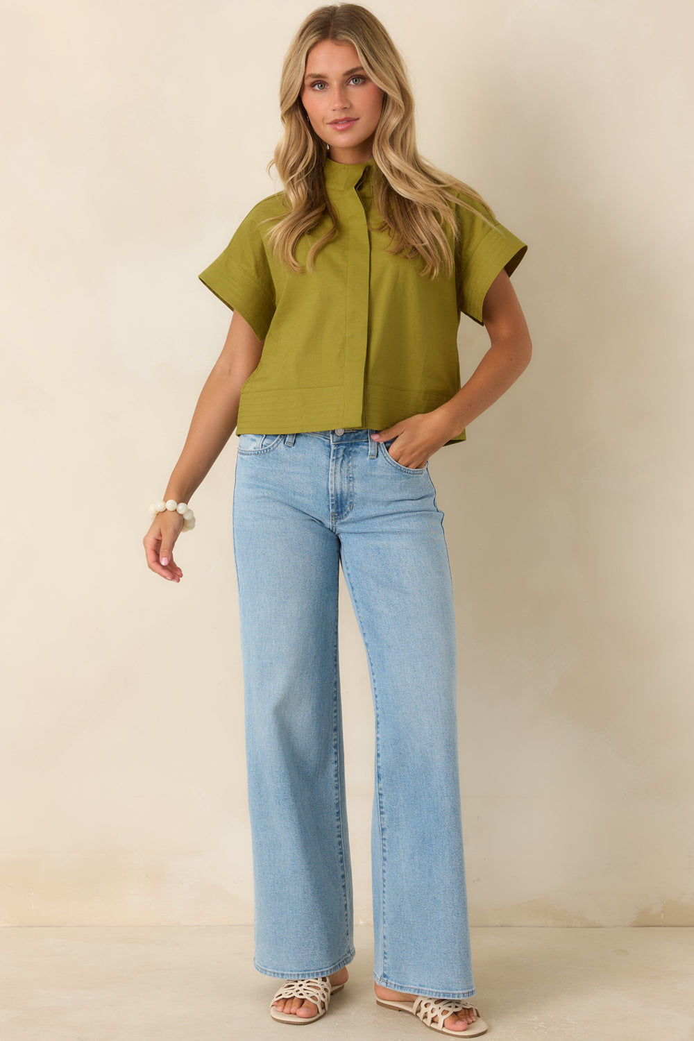 Olive-Green-Cotton-Linen-Mock-Neck-Top