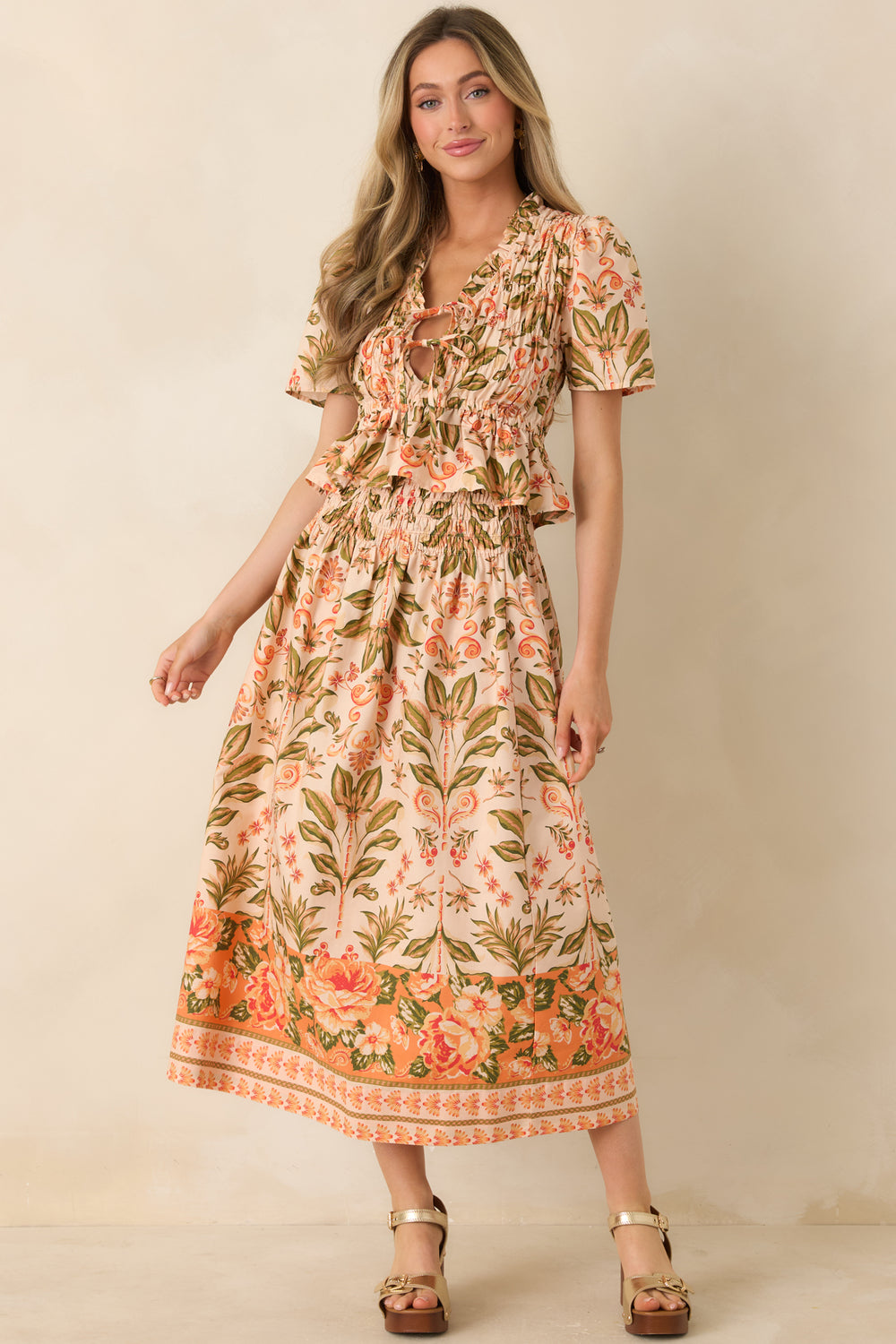 Peach-And-Meadow-Green-Floral-Top-With-Smocked-Bodice
