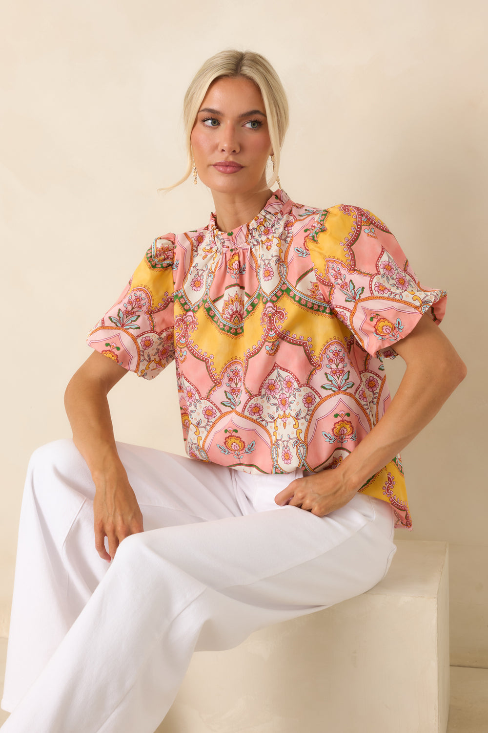 Pink-And-Marigold-Print-Top-Featuring-Ornamental-Scarf-Print