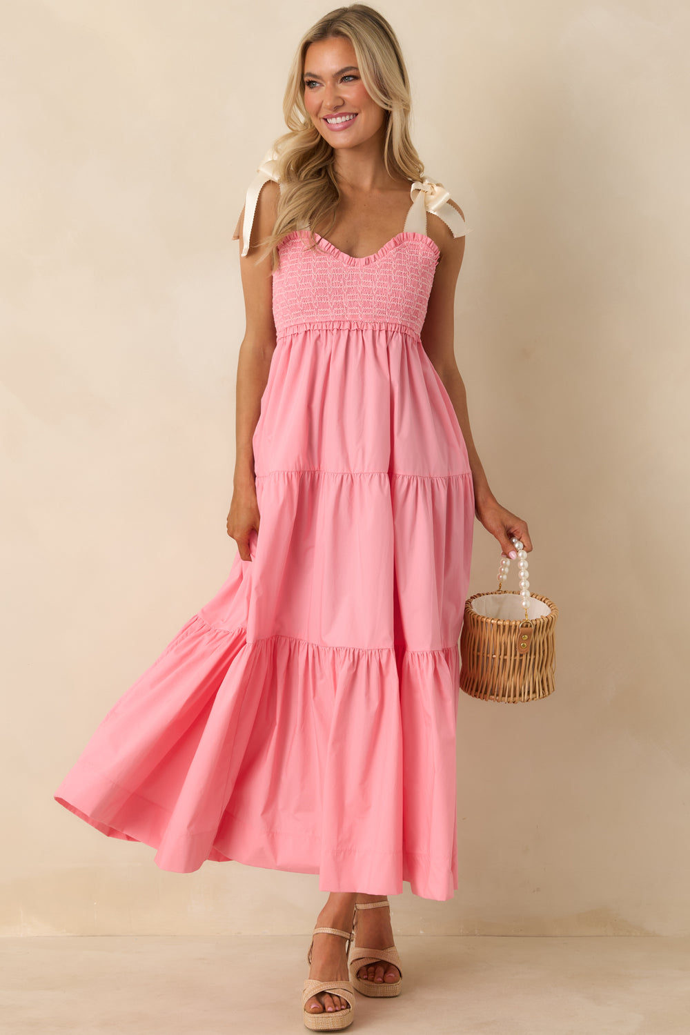 Pink-Coral-Midi-Dress-With-Sweetheart-Neckline-And-Smocked-Bust