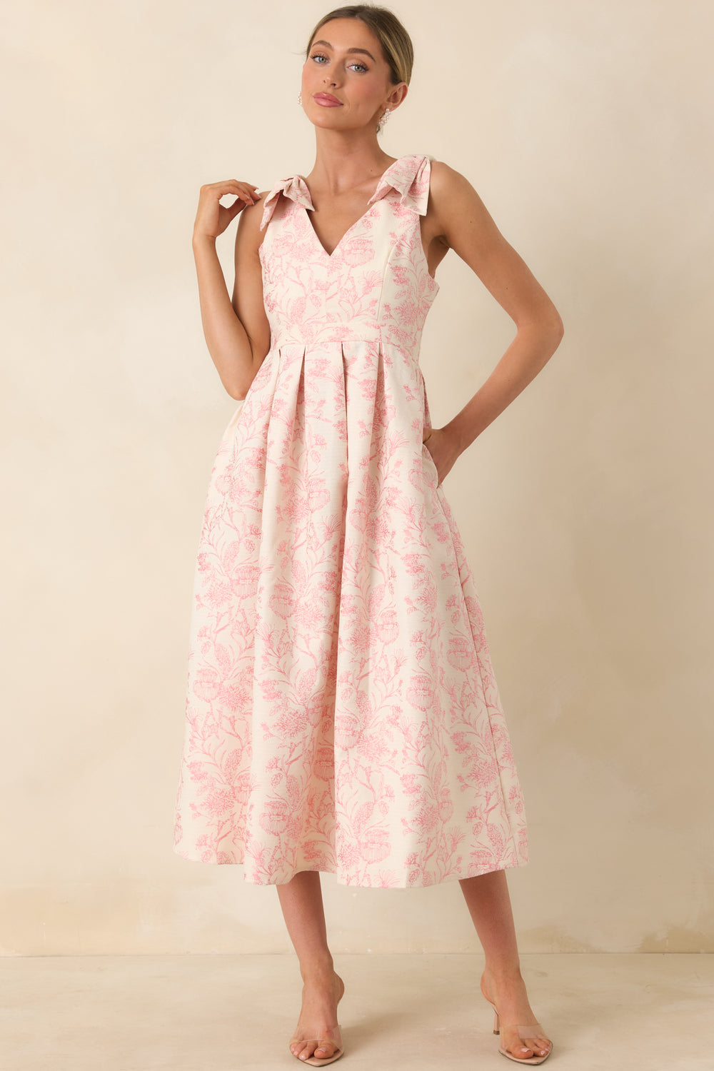 Pink-Floral-Midi-Dress-With-Bow-Tie-Shoulder-Straps