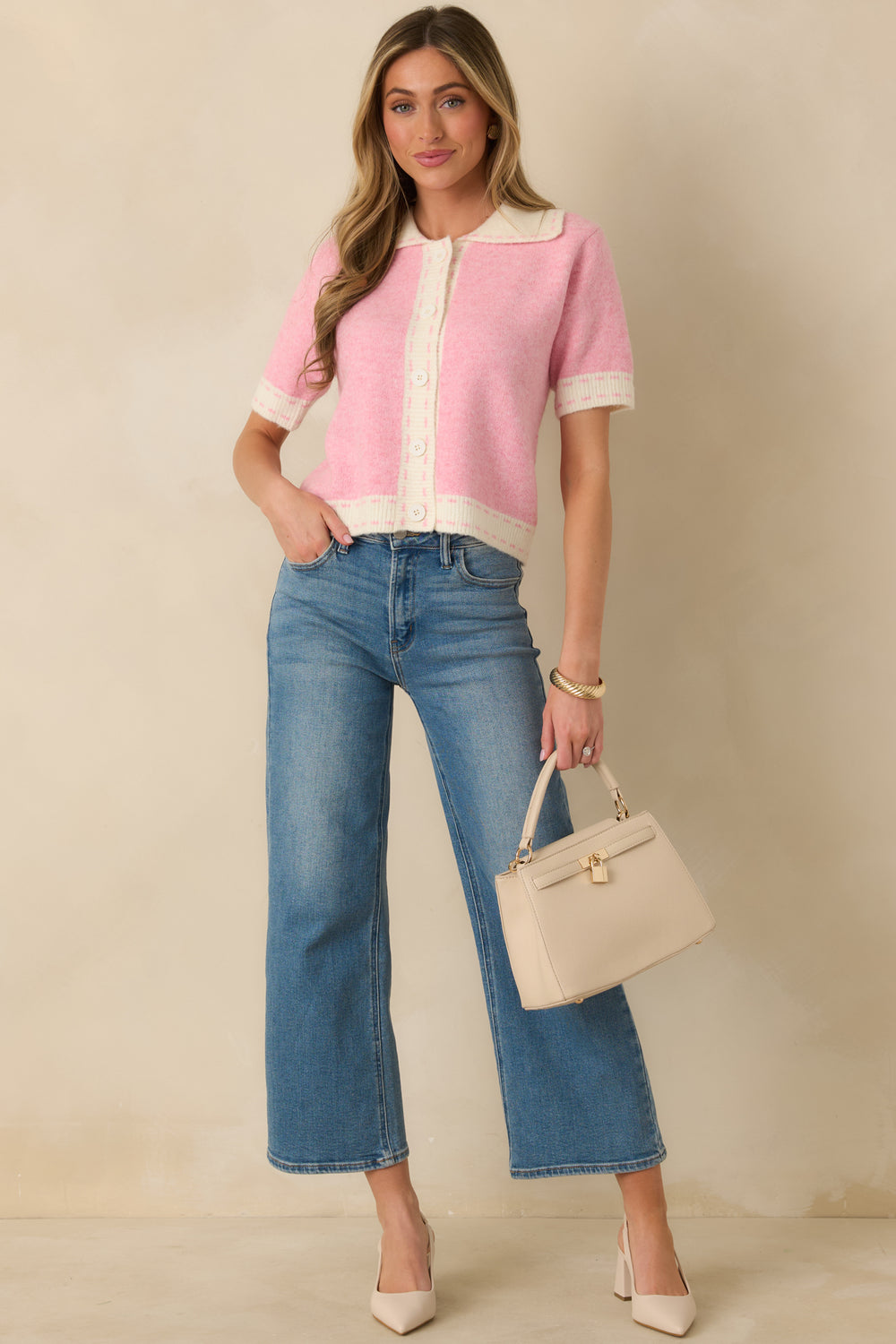Pink-Knit-Cardigan-With-Ivory-Contrast-Trim-And-Short-Sleeves