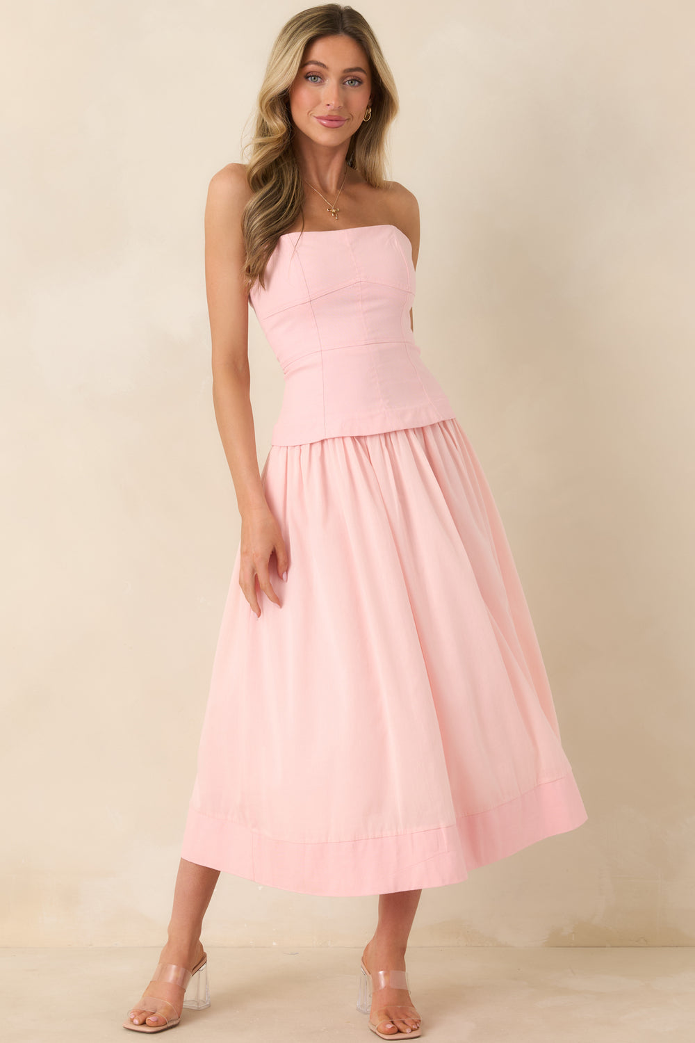 Pink-Midi-Dress-With-Bustier-Style-Paneled-Bodice