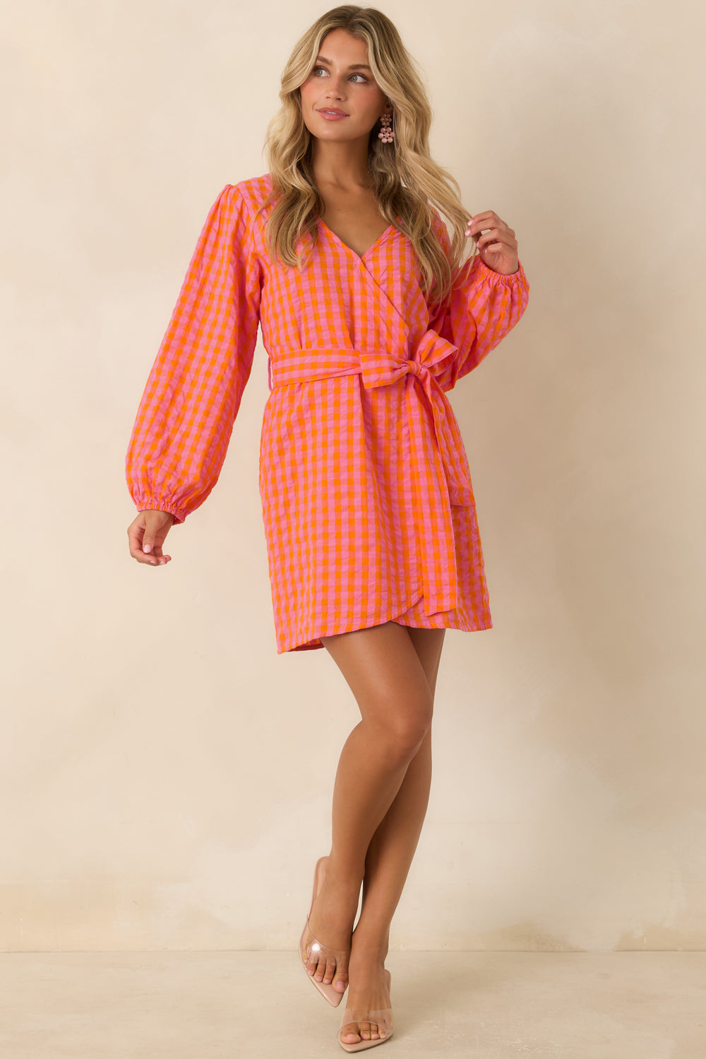 Pink-Orange-Gingham-Wrap-Mini-Dress