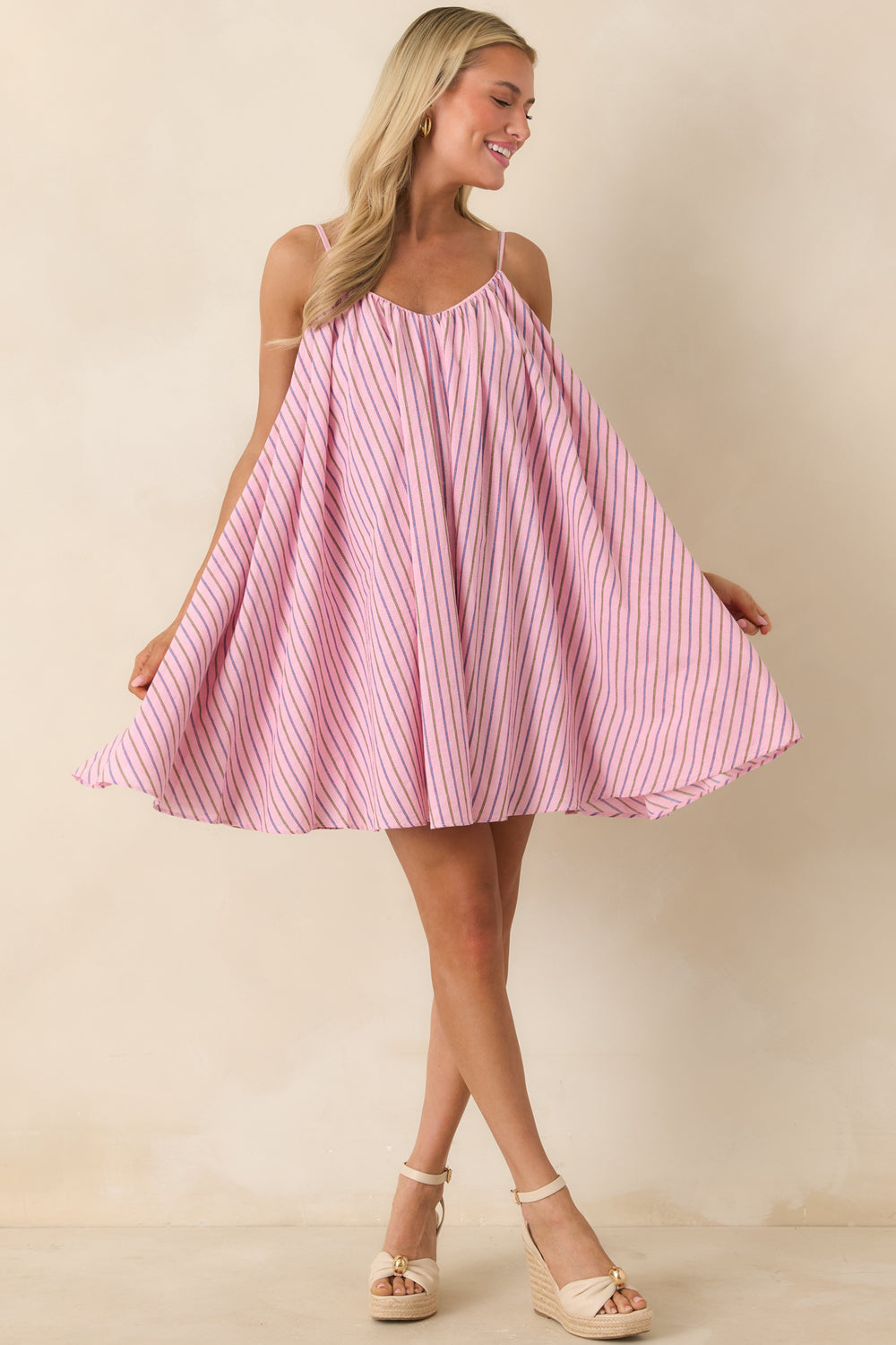 Pink-Striped-Mini-Dress-Airy-Swing-Silhouette-Relaxed-Drape