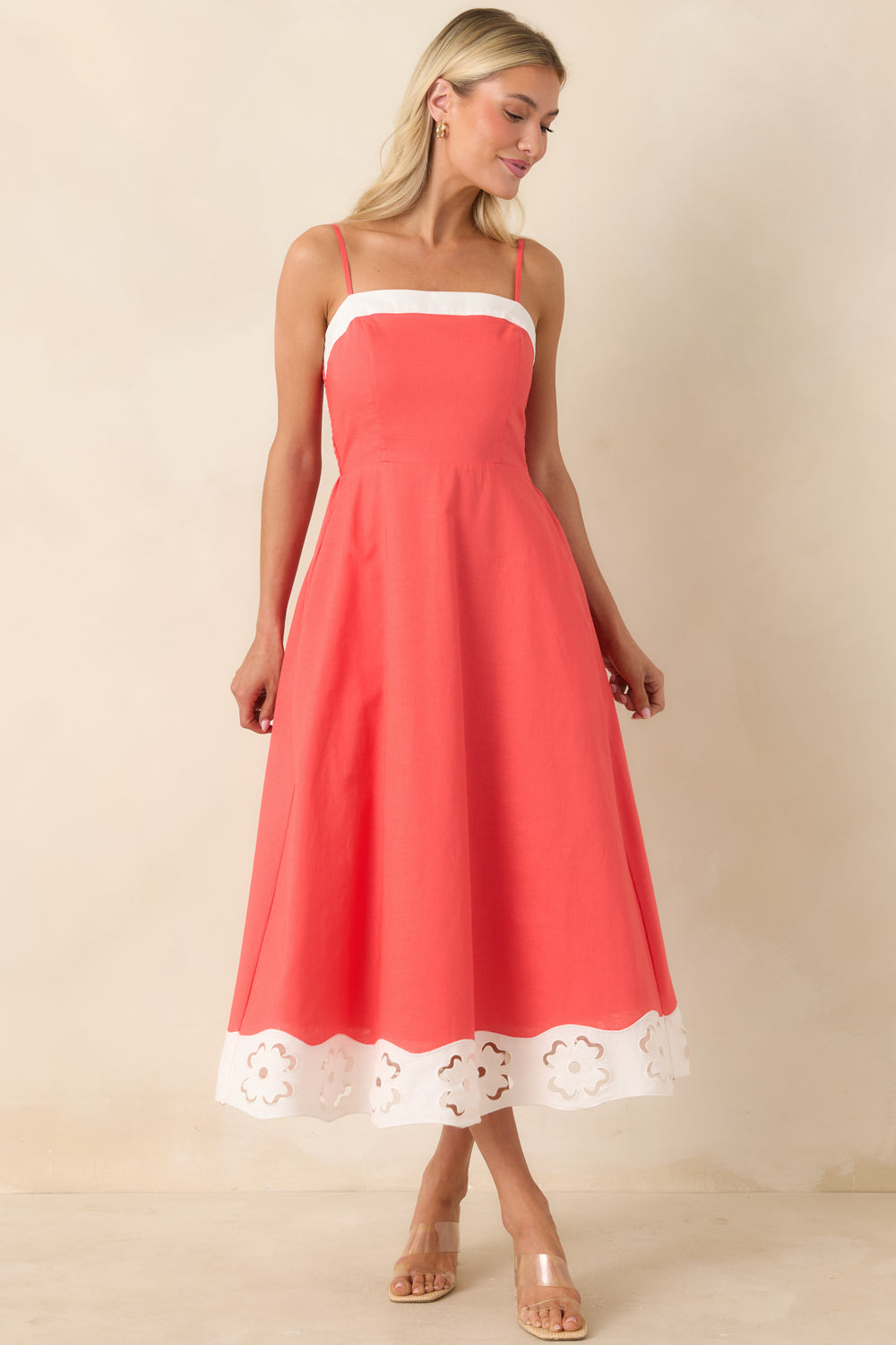 Poppy-Red-Midi-Dress-With-A-Structured-Silhouette