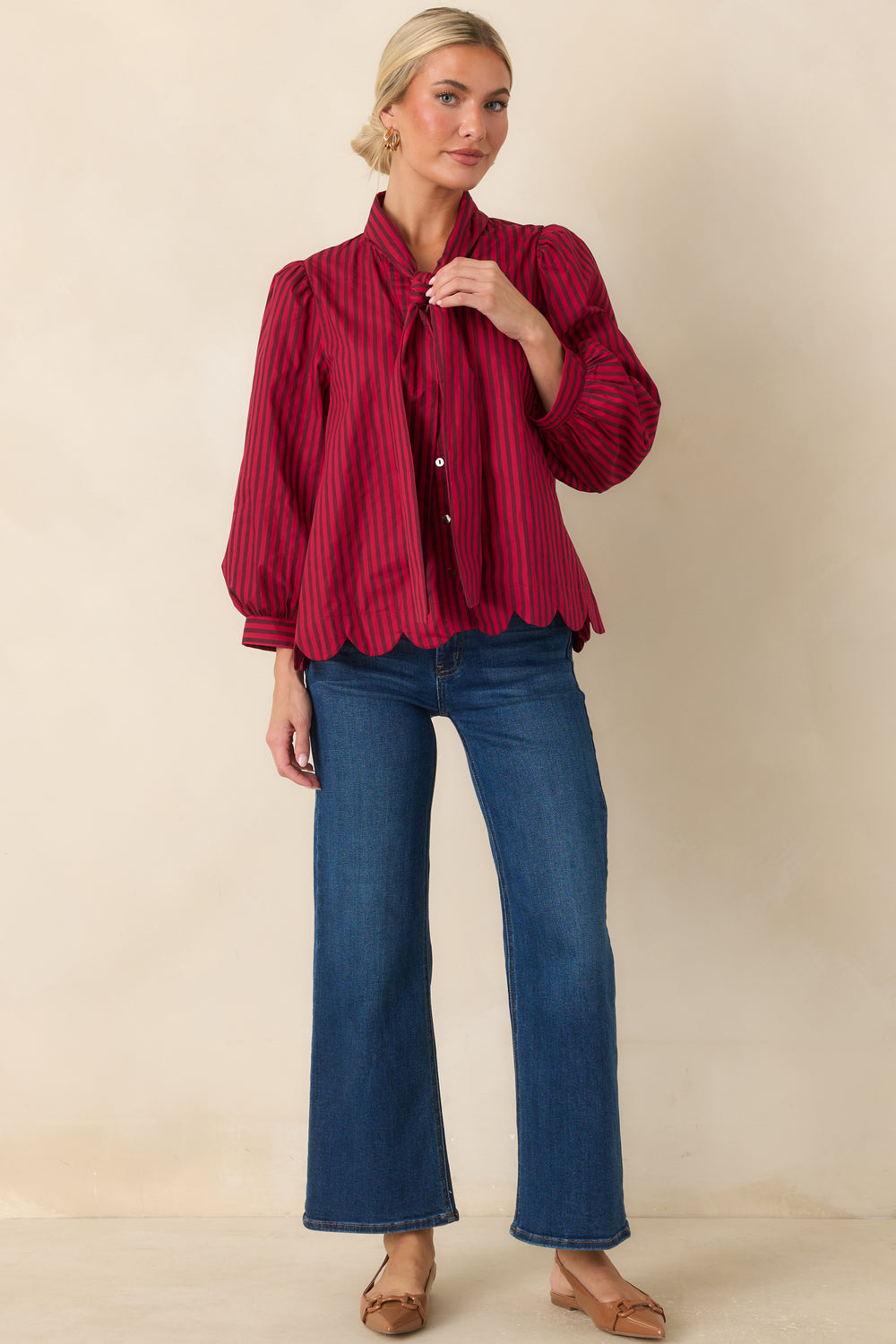 Red-Brown-Striped-Blouse-With-Self-Tie-Neckline