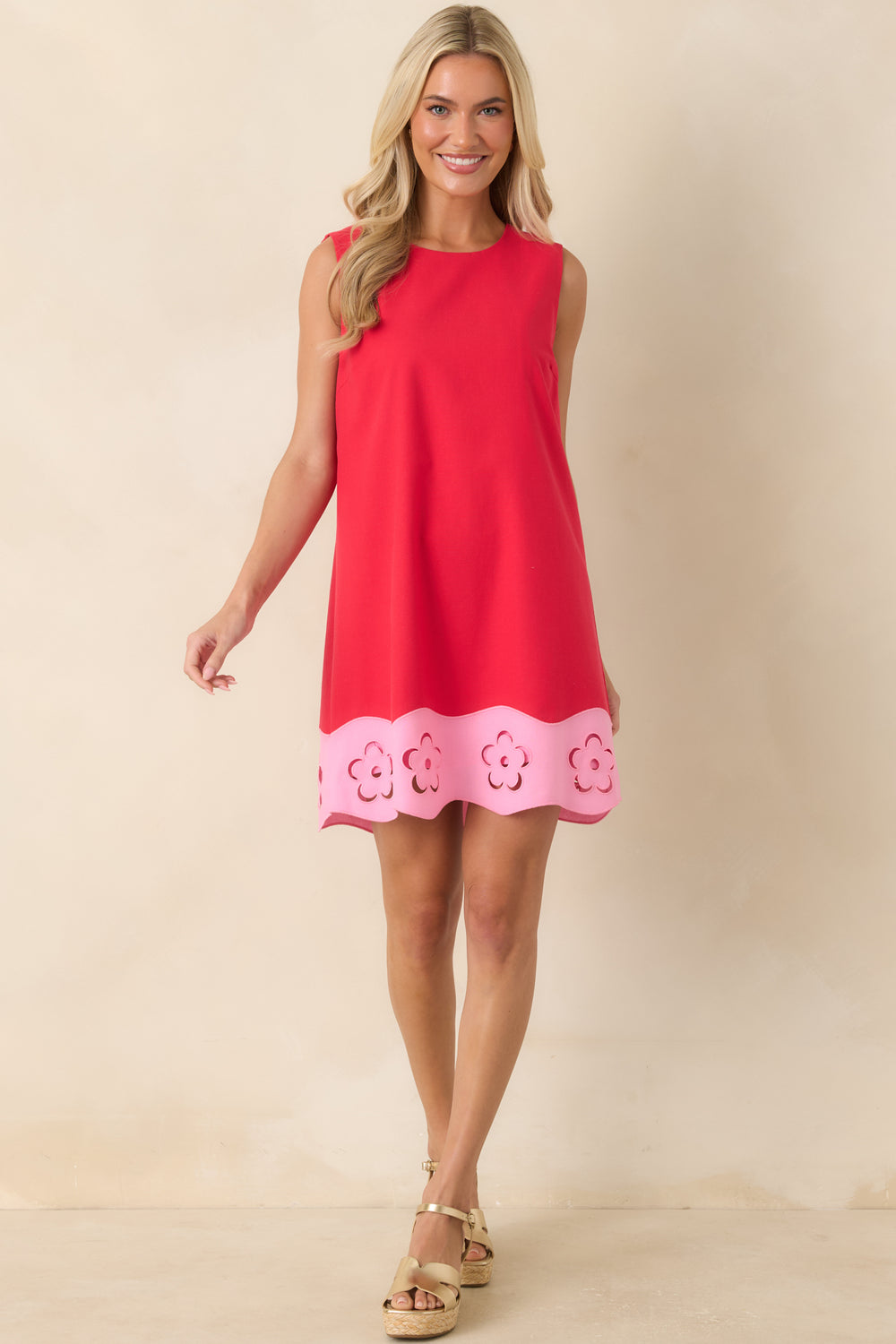 Red-Mini-Dress-Round-Neckline-Floral-Cutout-Hem-Detail