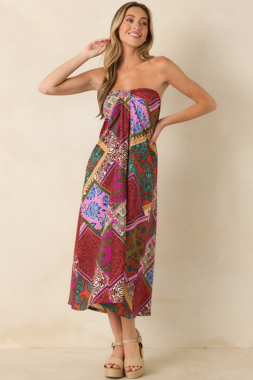 Red-Patchwork-Strapless-Midi-Dress