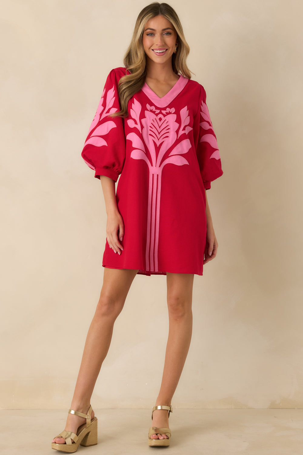 Red-Pink-Mini-Dress-Relaxed-Fit-V-Neck-Puffed-Sleeves-Hemline