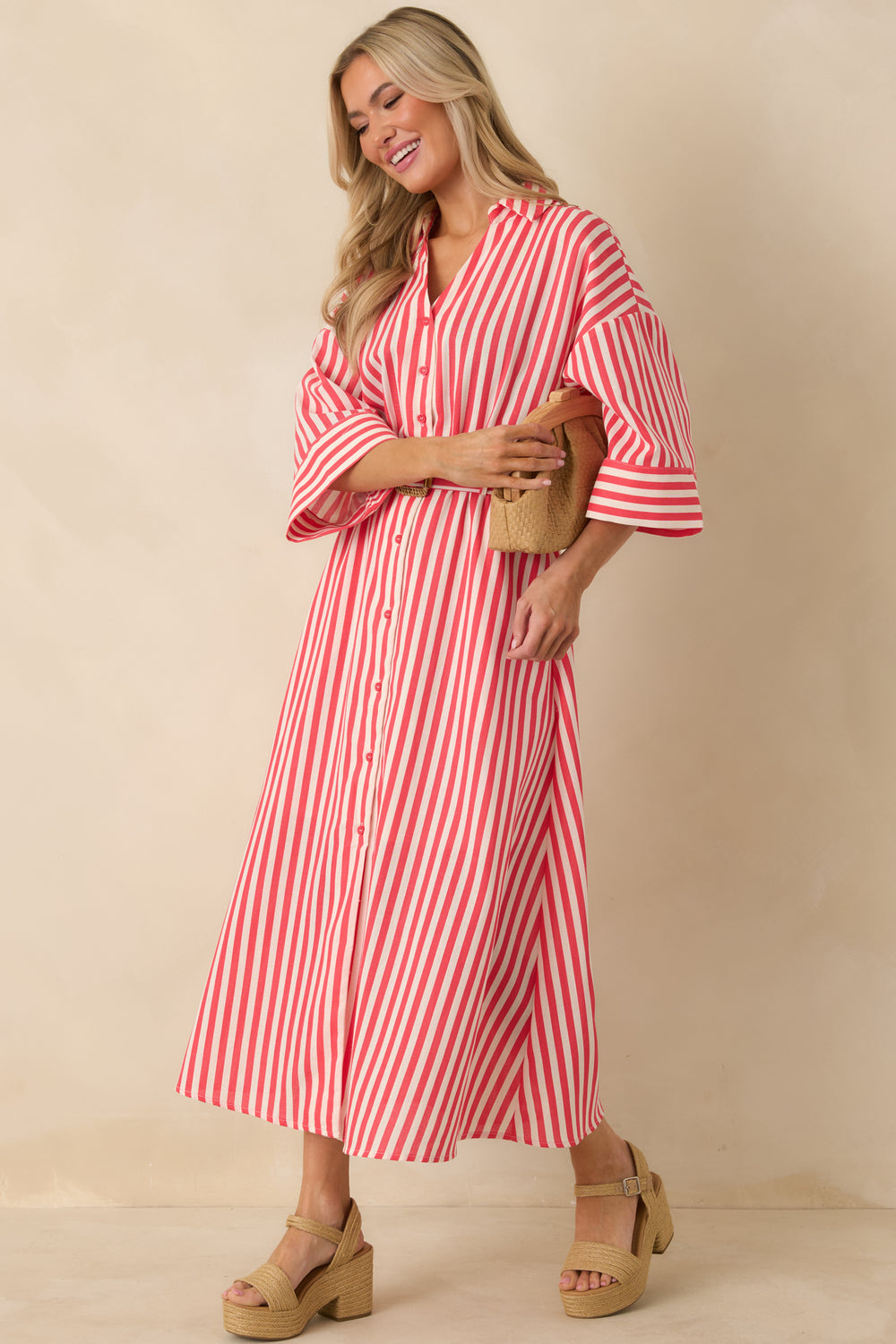 Red-Striped-Maxi-Shirt-Dress-With-Collared-Neckline