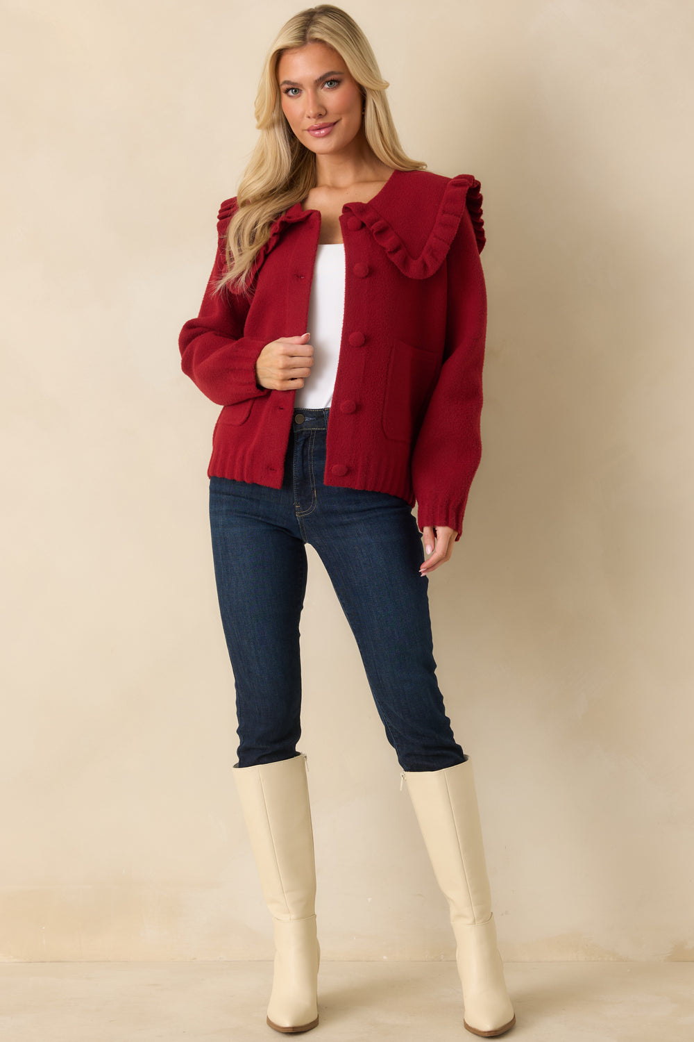 Red-Textured-Knit-Cardigan-Ruffle-Collar-Patch-Pockets-Covered-Buttons