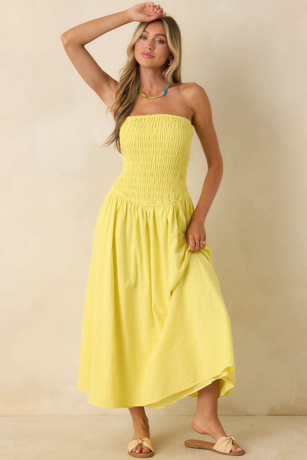 Relaxed-Airy-Drape-Yellow-Strapless-Maxi-Dress