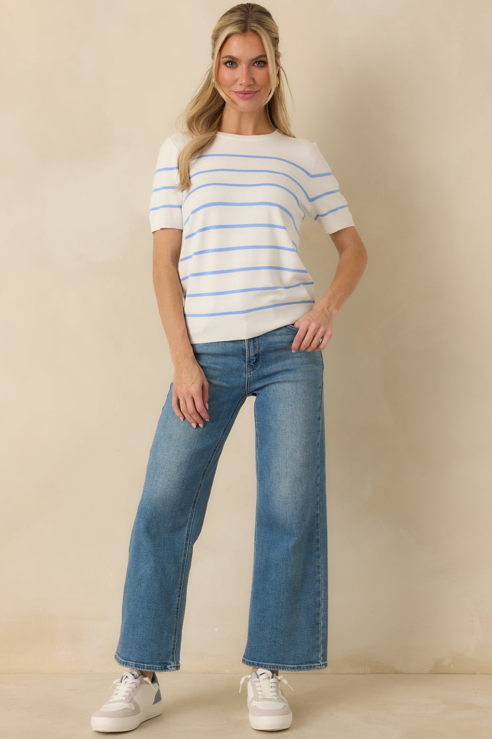 Relaxed-Fit-Blue-Striped-Knit-Top-With-Short-Sleeves