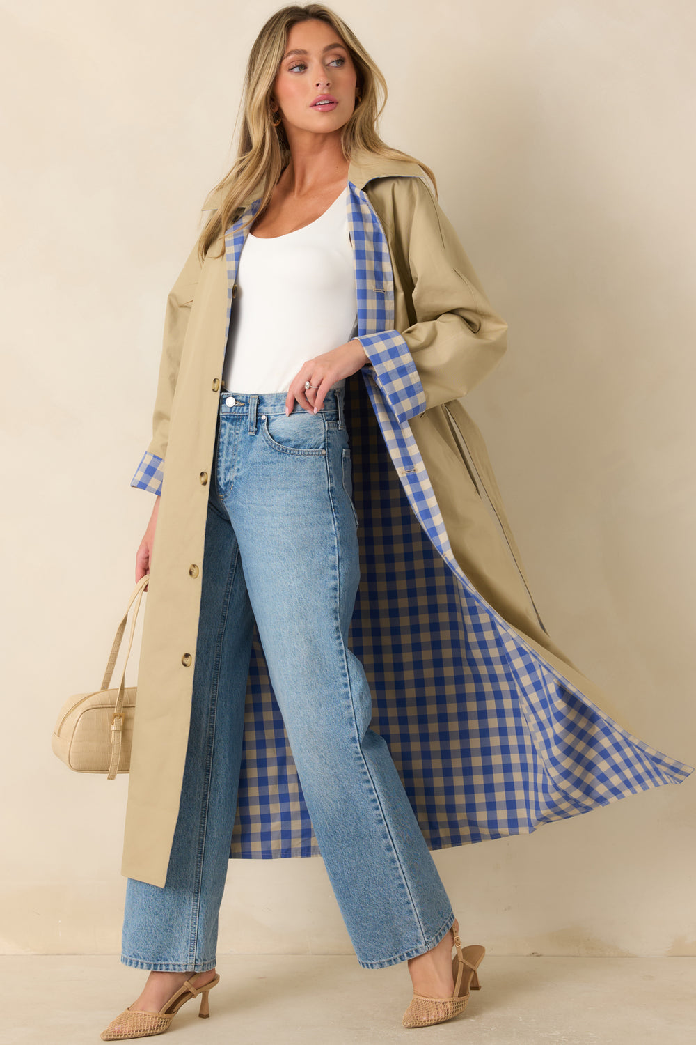 Reversible-Long-Beige-Cotton-Coat-With-Gingham-Collar