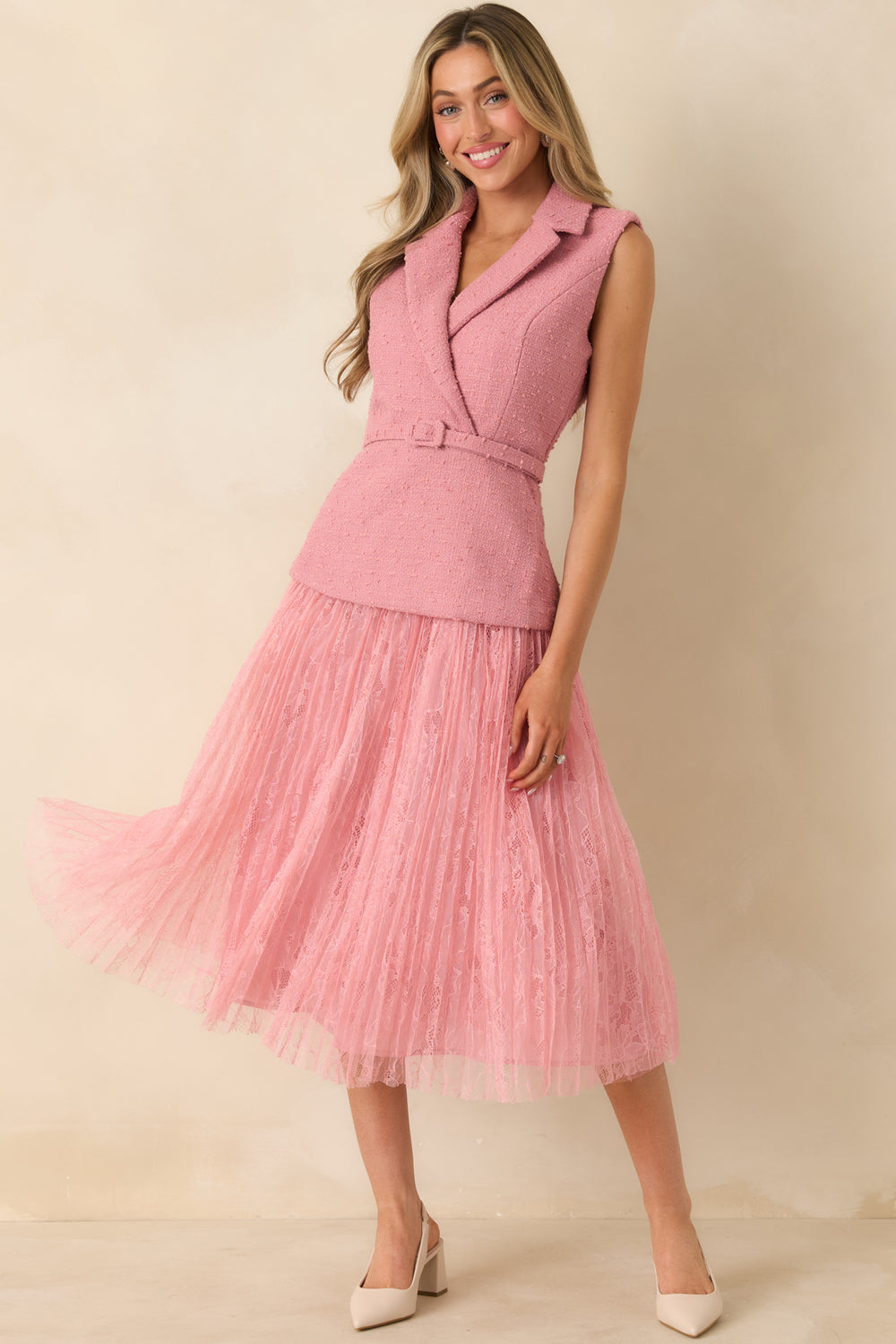 Rose-Pink-Sleeveless-Midi-Dress-With-A-Tweed-Woven-Bodice