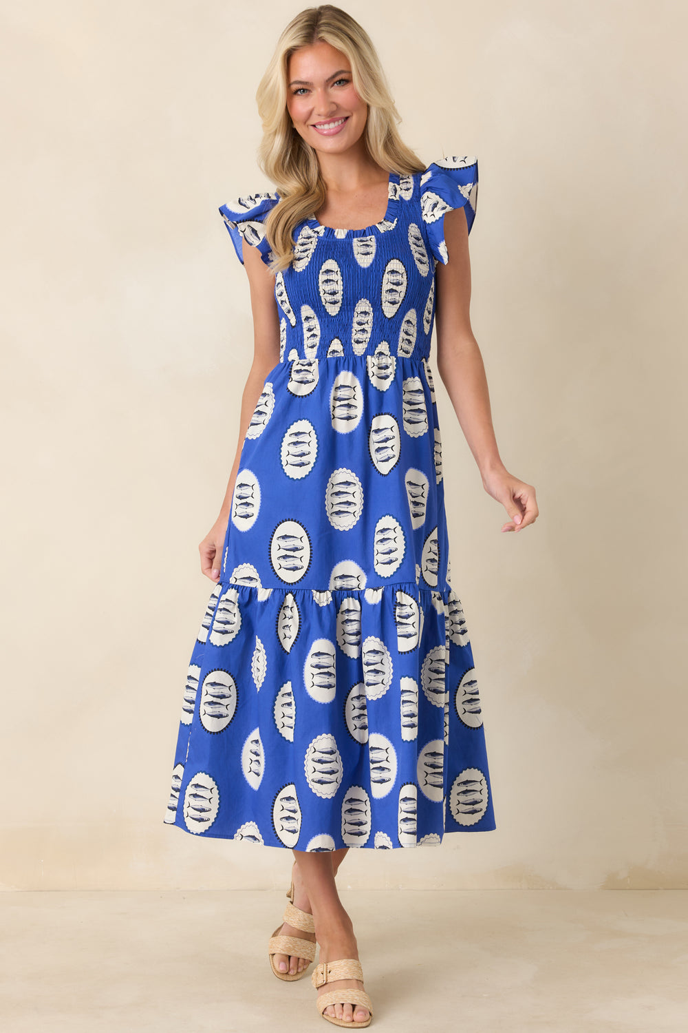 Royal-Blue-Cotton-Dress-With-An-Allover-Fish-Print