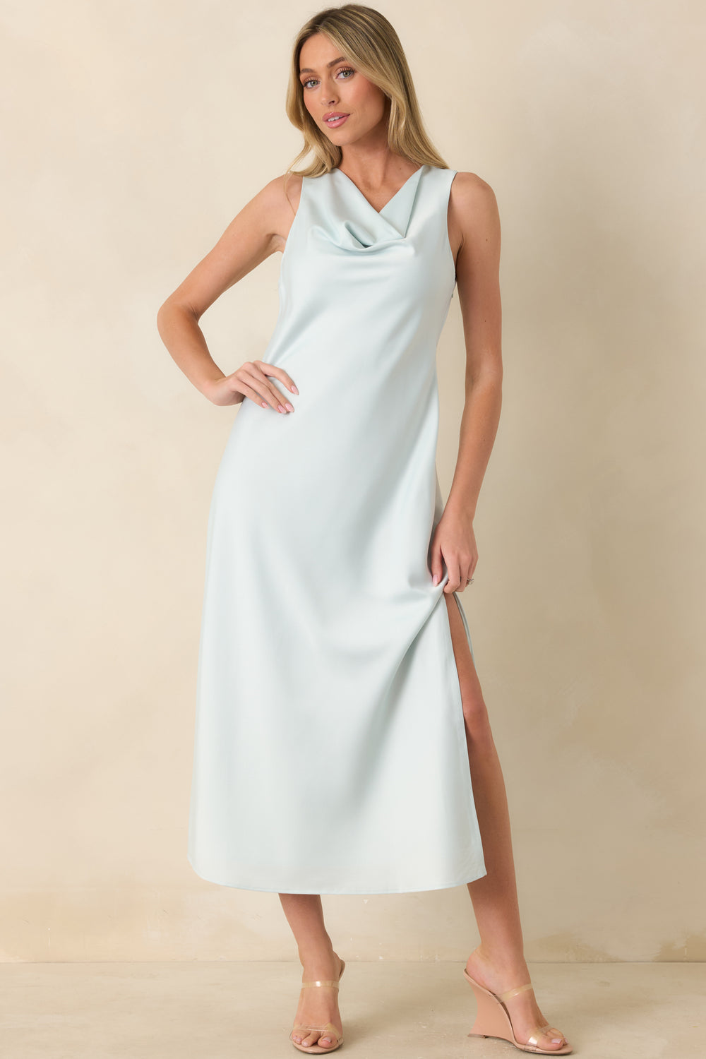 Sky-Blue-Midi-Dress-Featuring-A-Lustrous-Satin-Finish