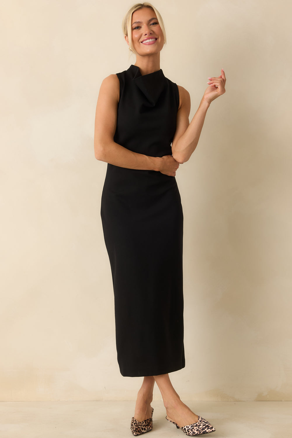 Sleek-Black-Sleeveless-Midi-Dress-High-Neck-Ponte-Fabric