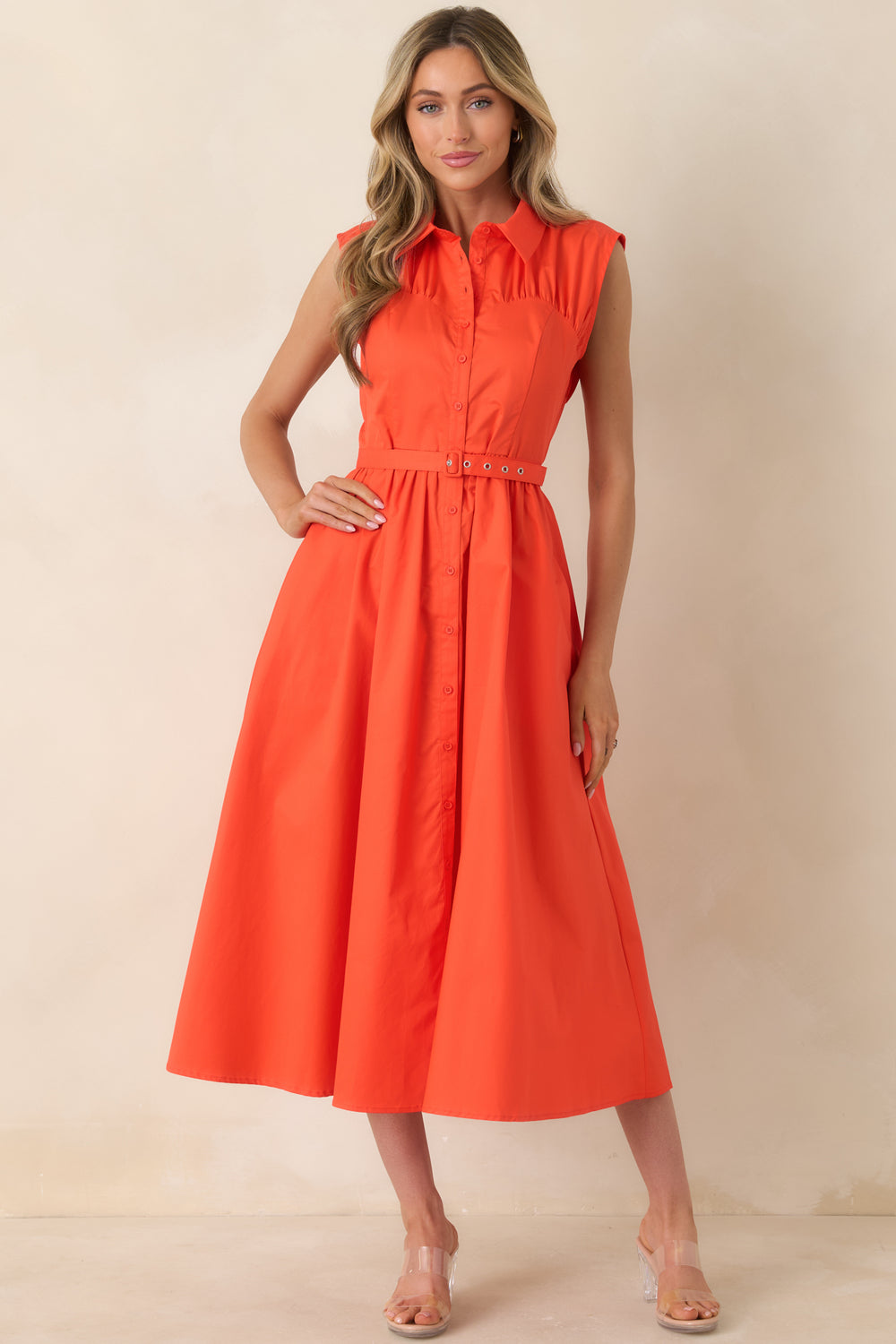 Sleeveless-Collared-Midi-Dress-With-Tailored-Waist-Belt